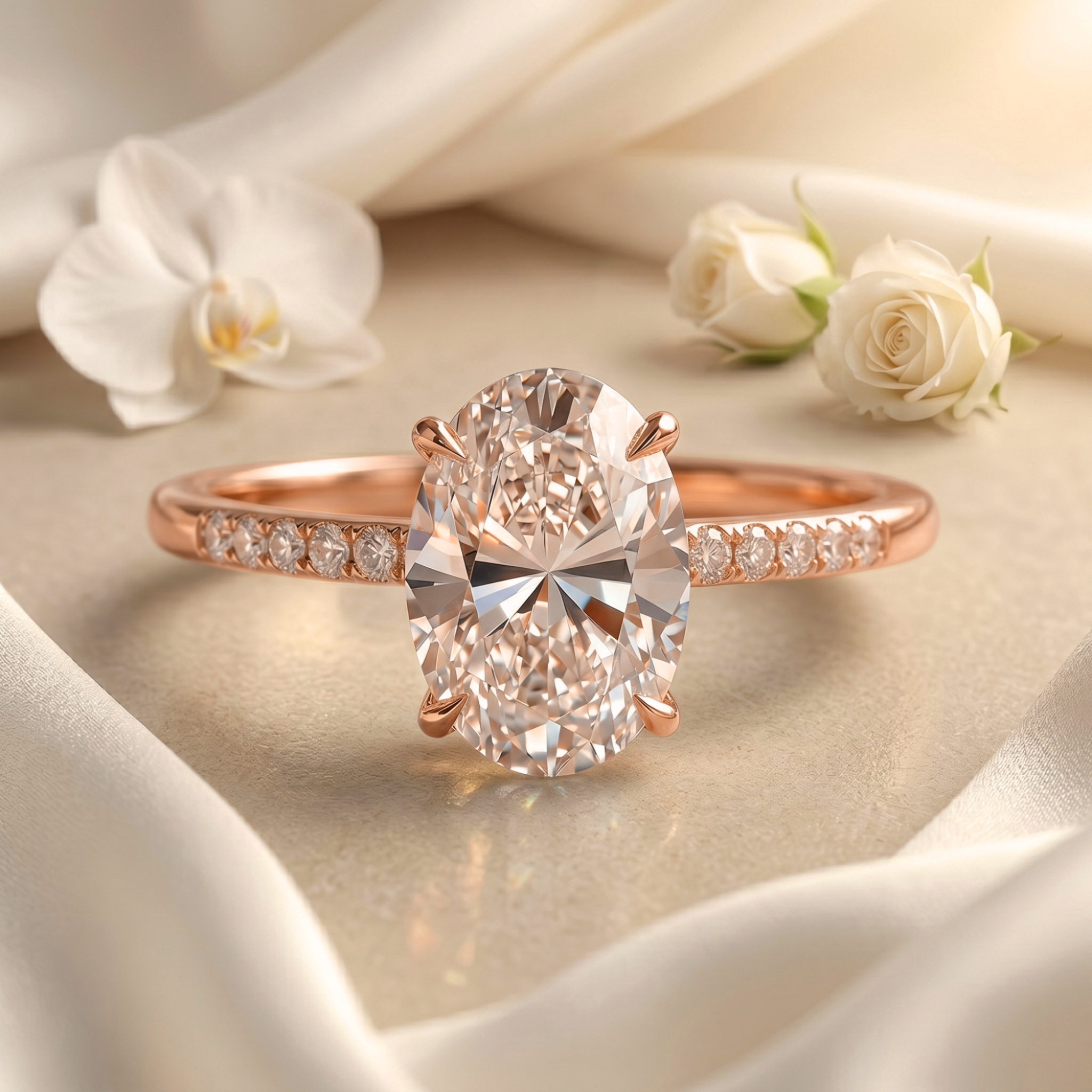 An oval-cut moissanite engagement ring with a pavé rose gold band, resting on silk fabric.