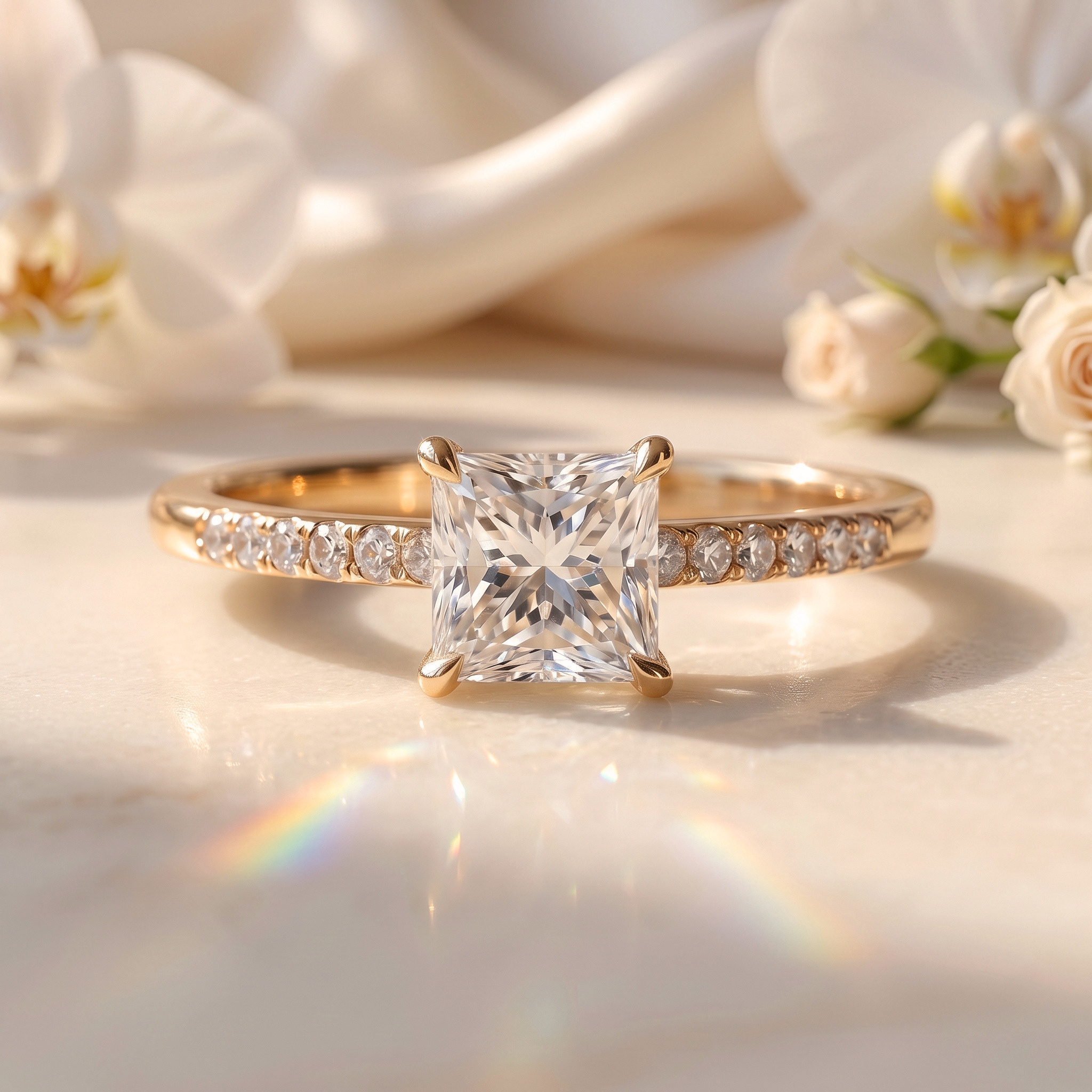 A princess cut moissanite engagement ring in rose gold with a delicate pavé diamond band.
