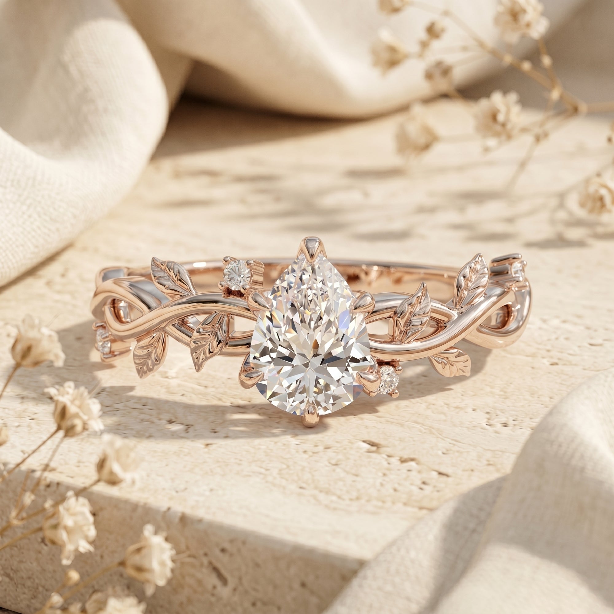 Rose gold finish pear cut moissanite ring with leaf accents on a lifestyle surface.