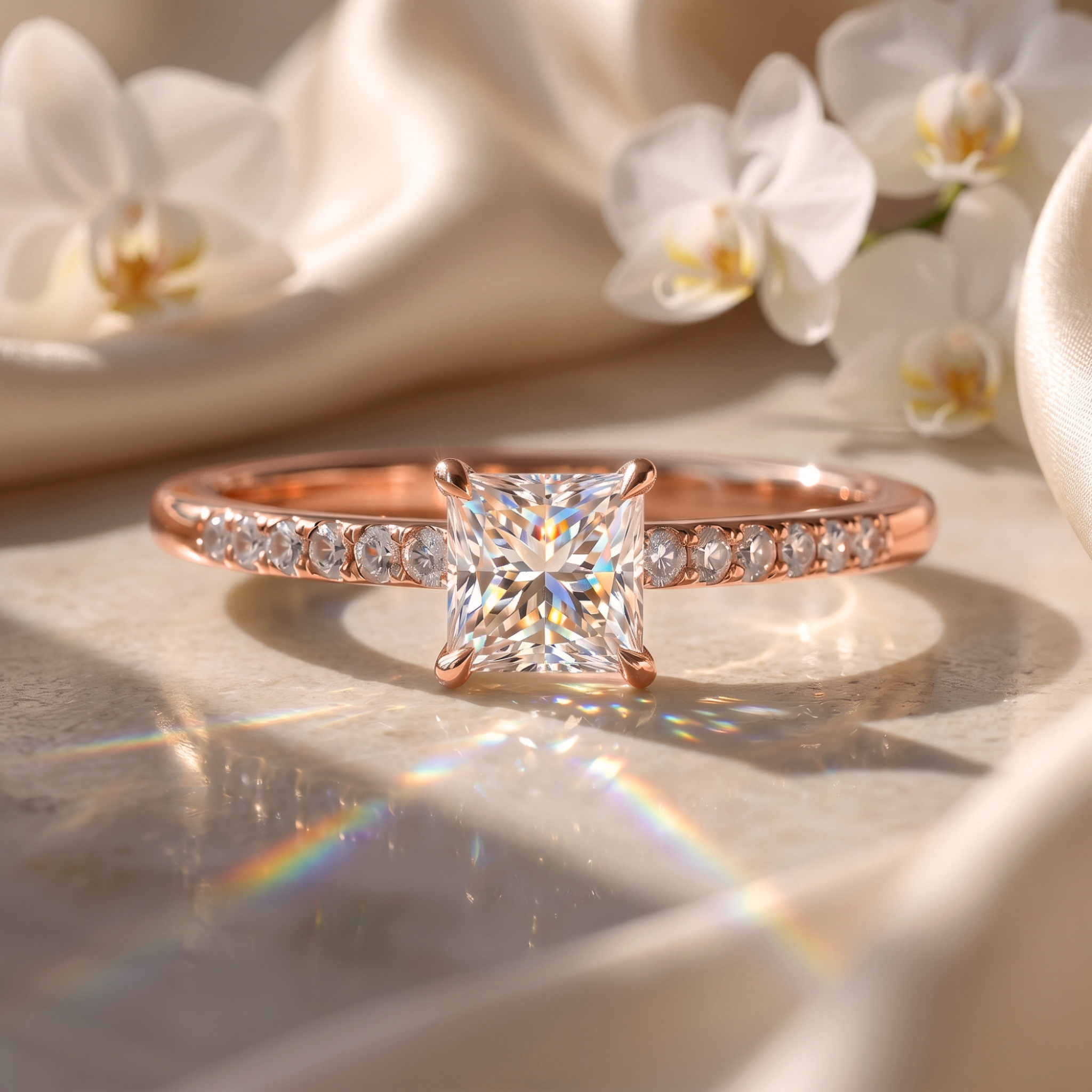 A romantic princess cut moissanite engagement ring with a pavé rose gold band, surrounded by soft lighting and orchids.