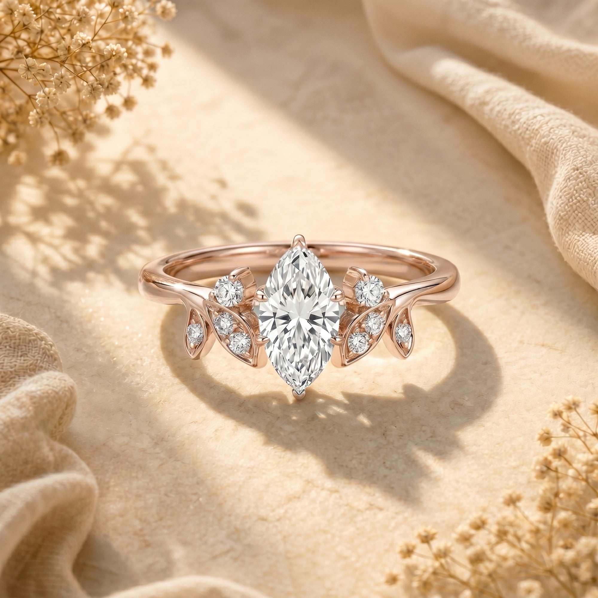 Marquise moissanite rose gold ring with leaf accents on a lifestyle background.