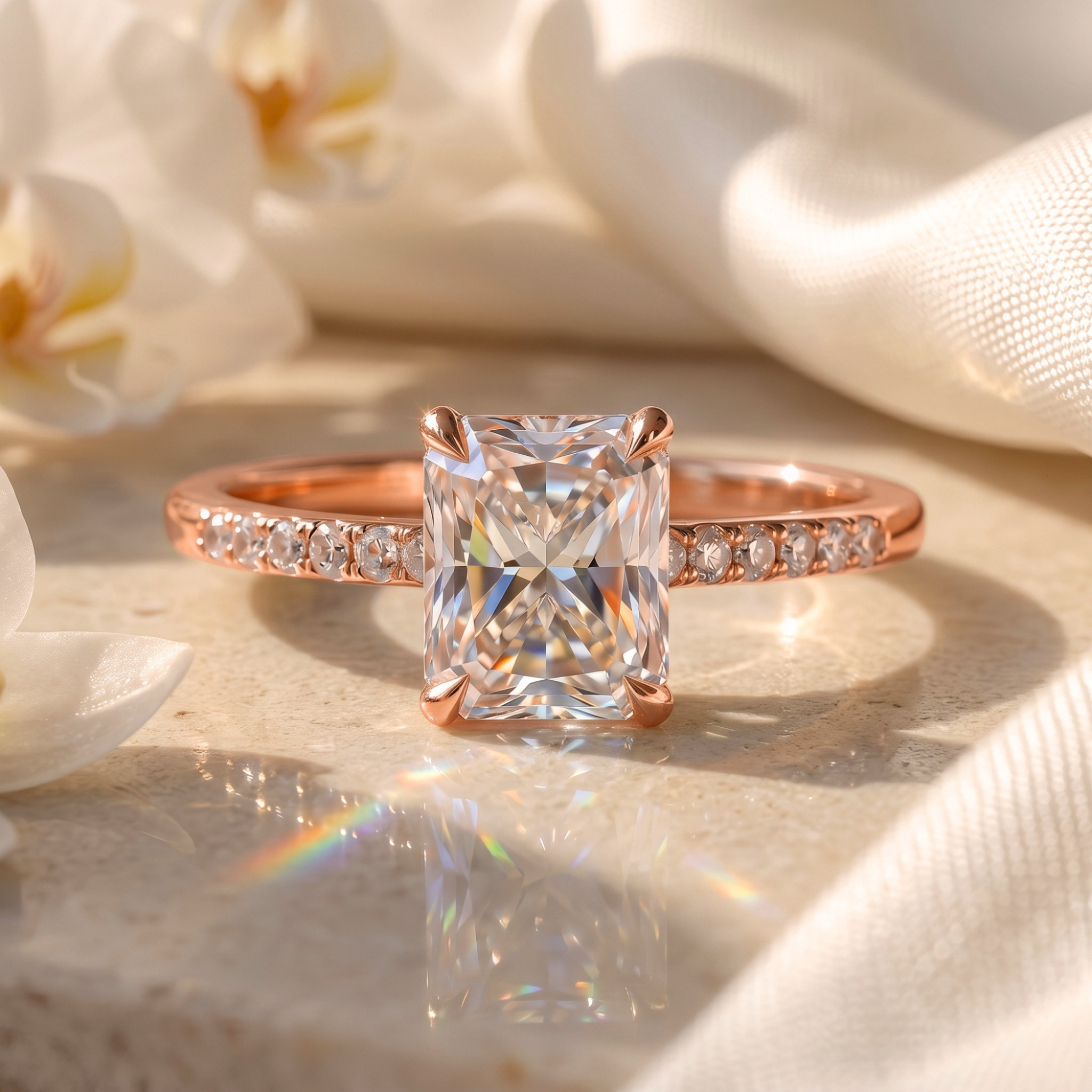 An elegant radiant cut moissanite engagement ring set on a rose gold pavé band, displayed on a soft-lit marble background.