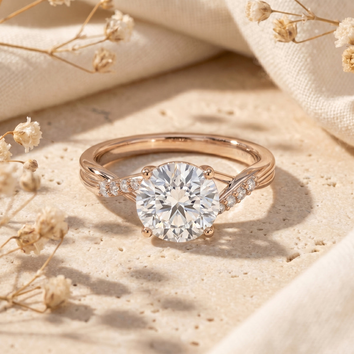 Round cut moissanite promise ring in rose gold with twisting band on stone surface.