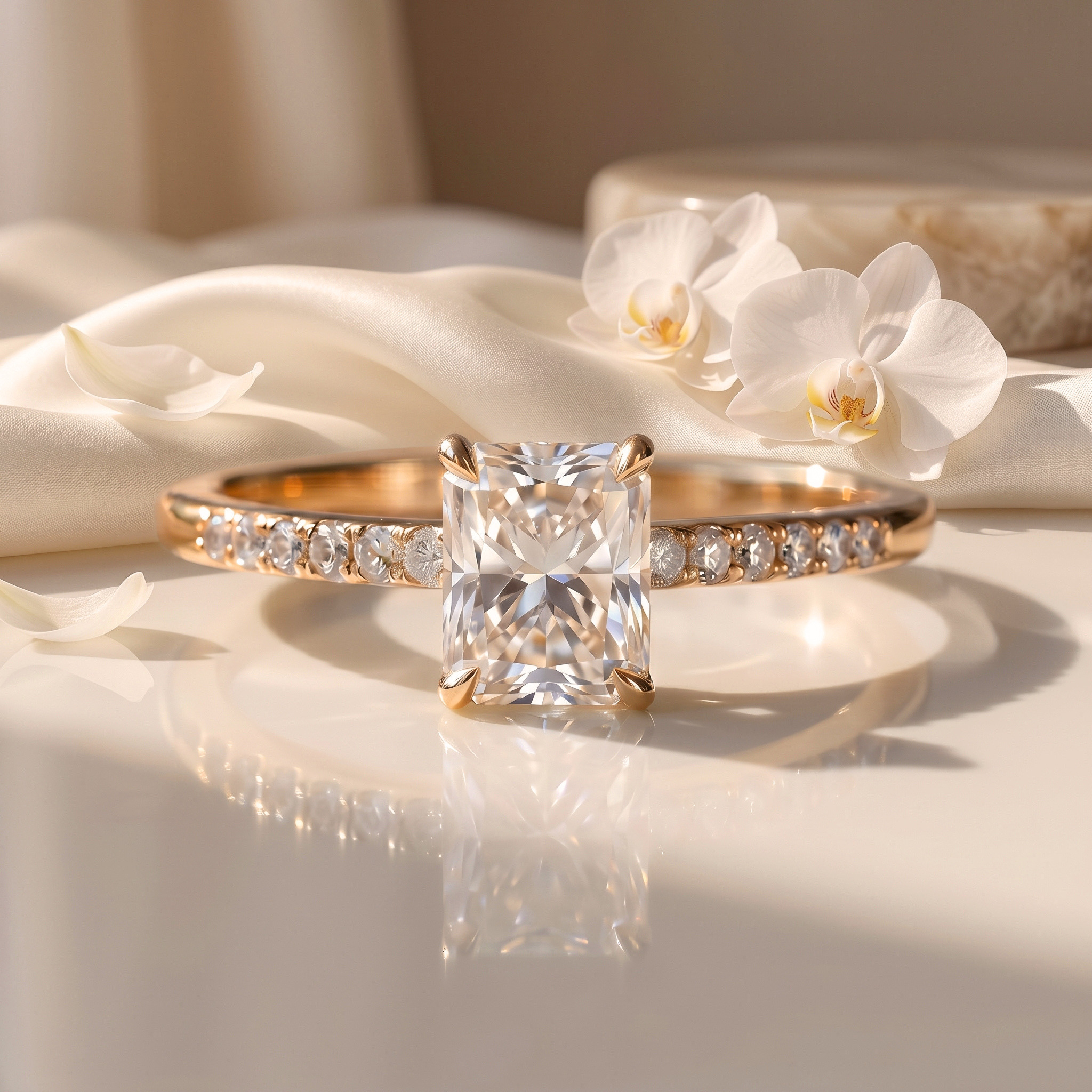 A radiant cut moissanite engagement ring featuring a rose gold band adorned with sparkling pavé diamonds.
