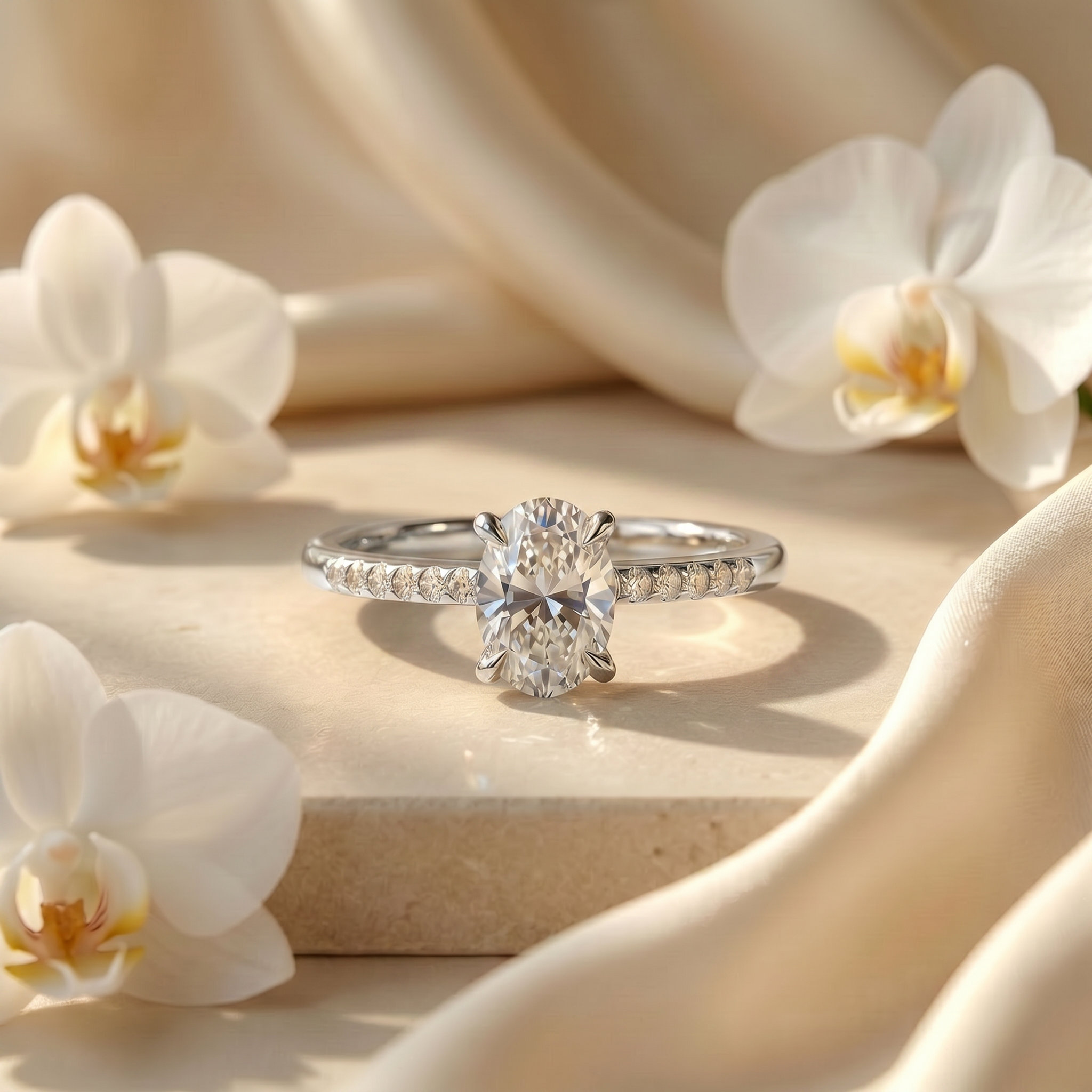 An oval-cut moissanite engagement ring on a white gold band with pavé diamonds, beautifully styled on a beige background with orchids.