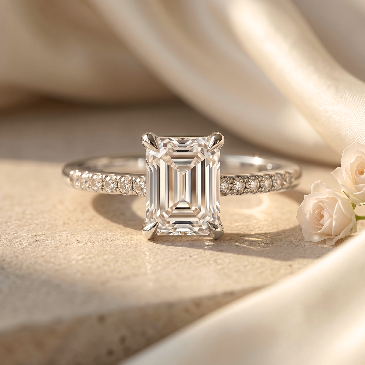 A classic emerald cut white gold moissanite engagement ring with a diamond pave band.