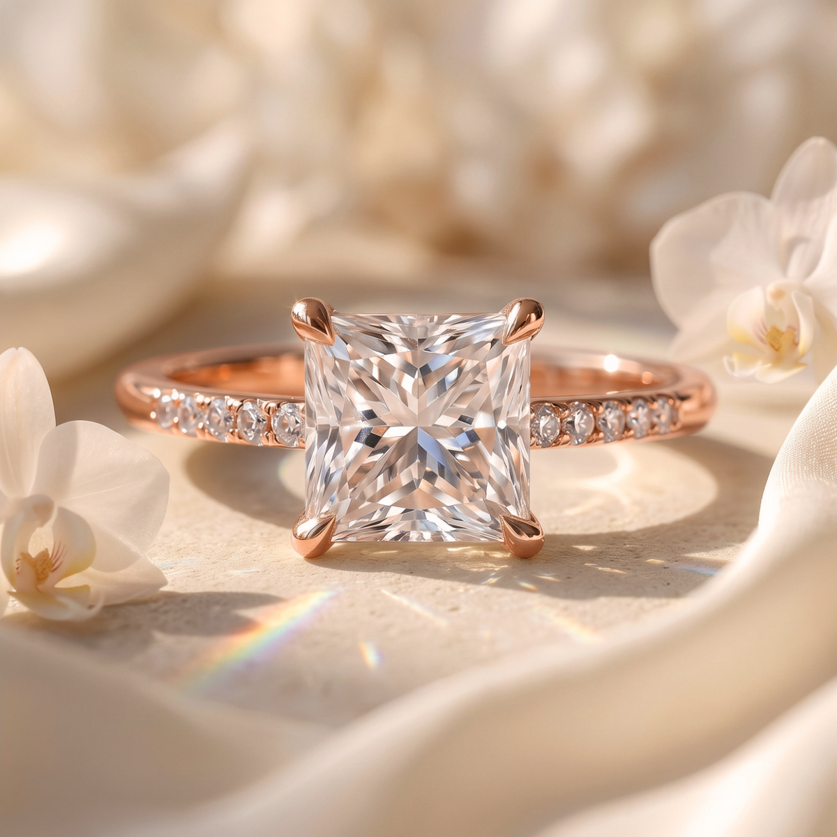 A princess-cut moissanite engagement ring with a rose gold pavé band, displayed on a soft cream background with orchids.