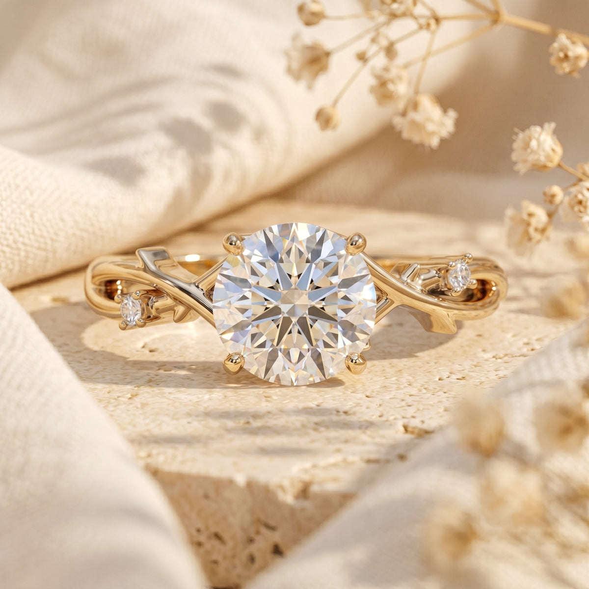 Yellow gold Sylvella moissanite ring with a 2ct round cut center stone and vine-style band.