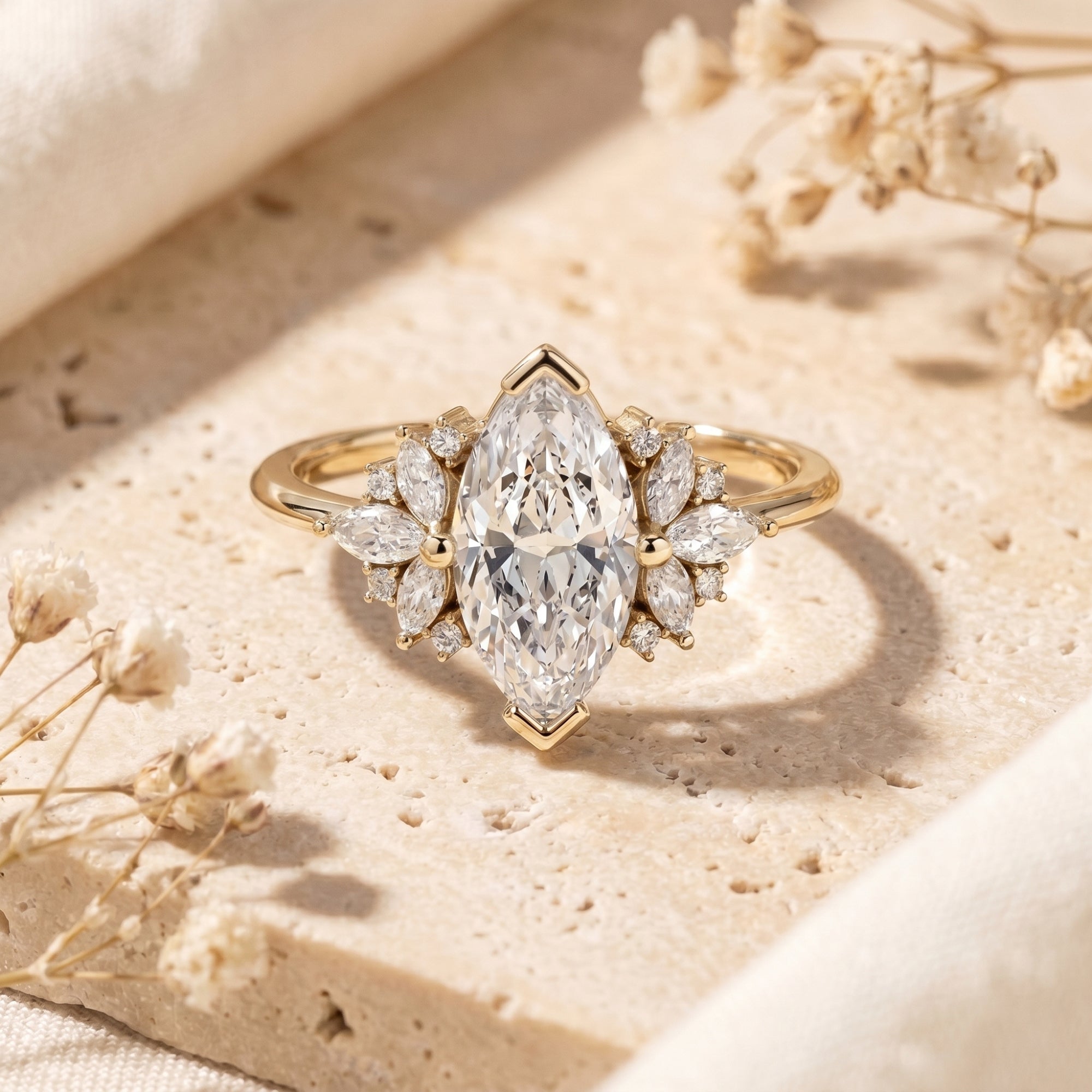 Gold marquise moissanite promise ring with side clusters on a textured stone surface.