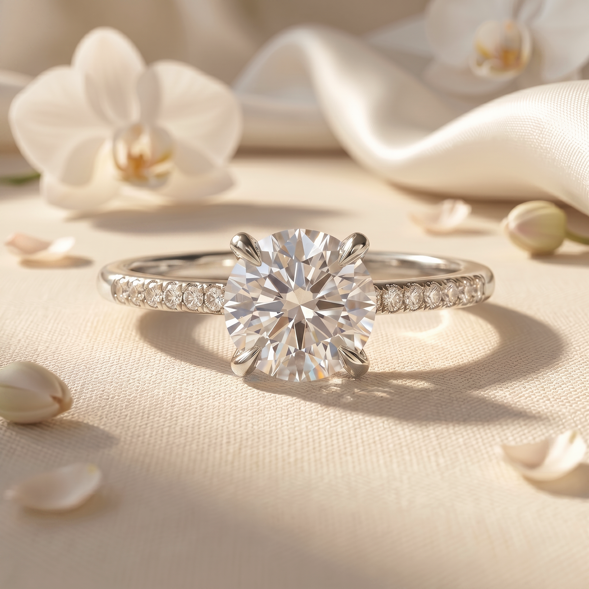 A timeless round-cut moissanite engagement ring with a white gold pave band, pictured on a soft cream silk fabric.
