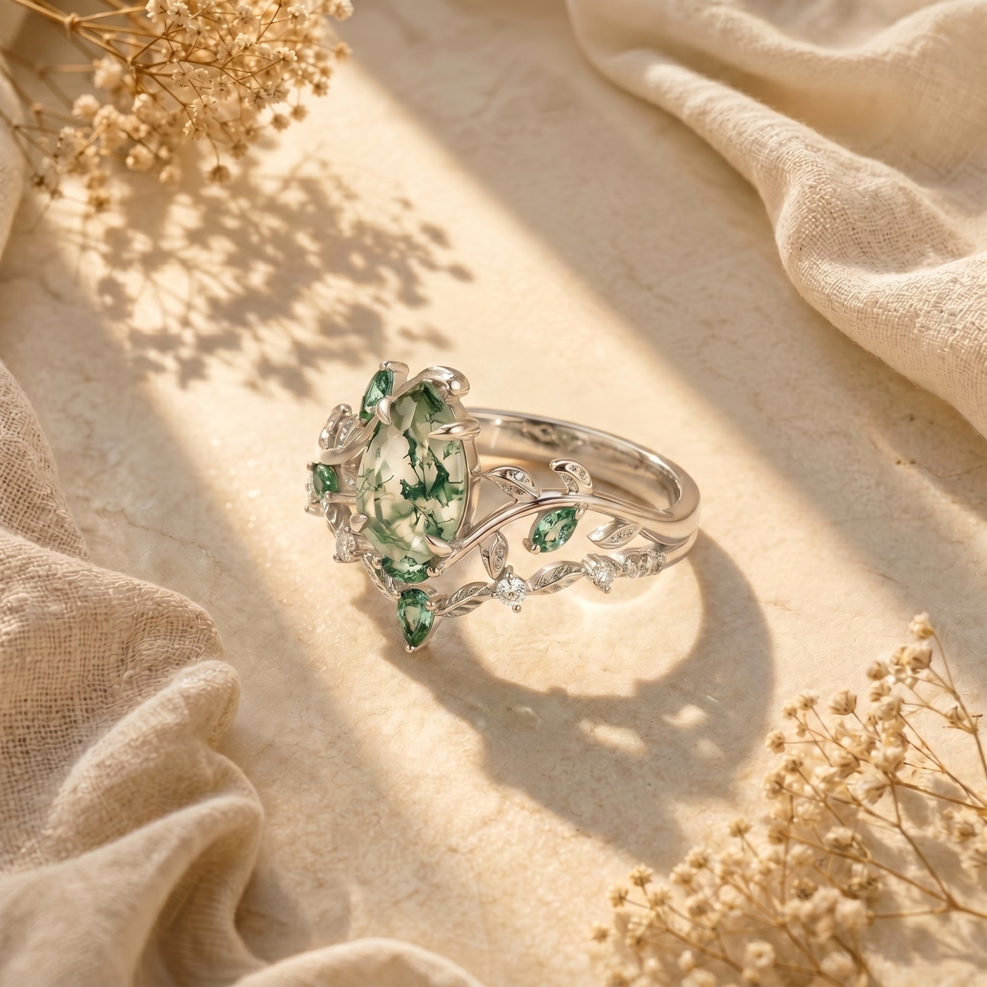 Angled view of the silver moss agate vine ring set, highlighting the pear-cut stone and leaf-inspired band.