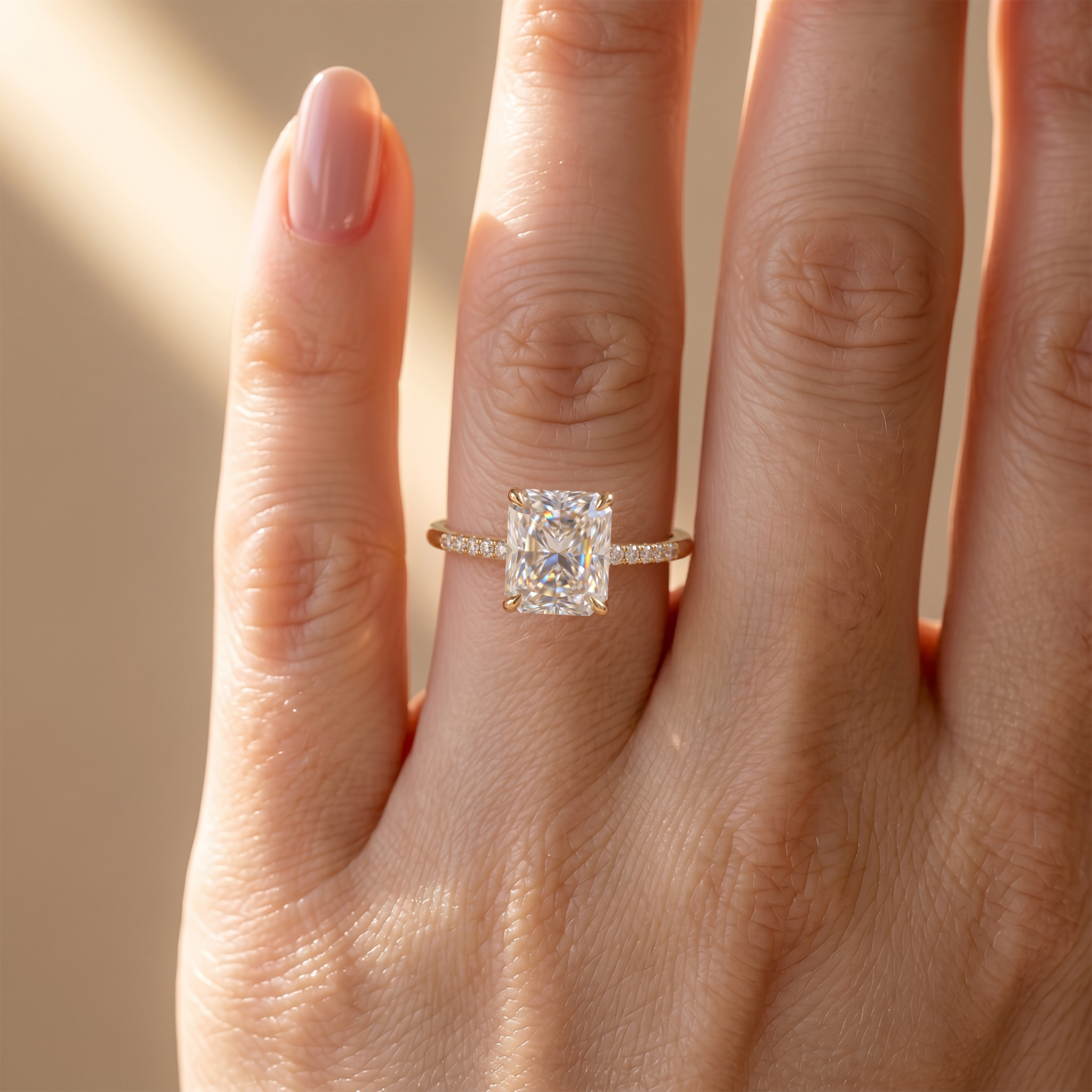 A model's hand adorned with a yellow gold radiant cut moissanite ring captured in natural sunlight.