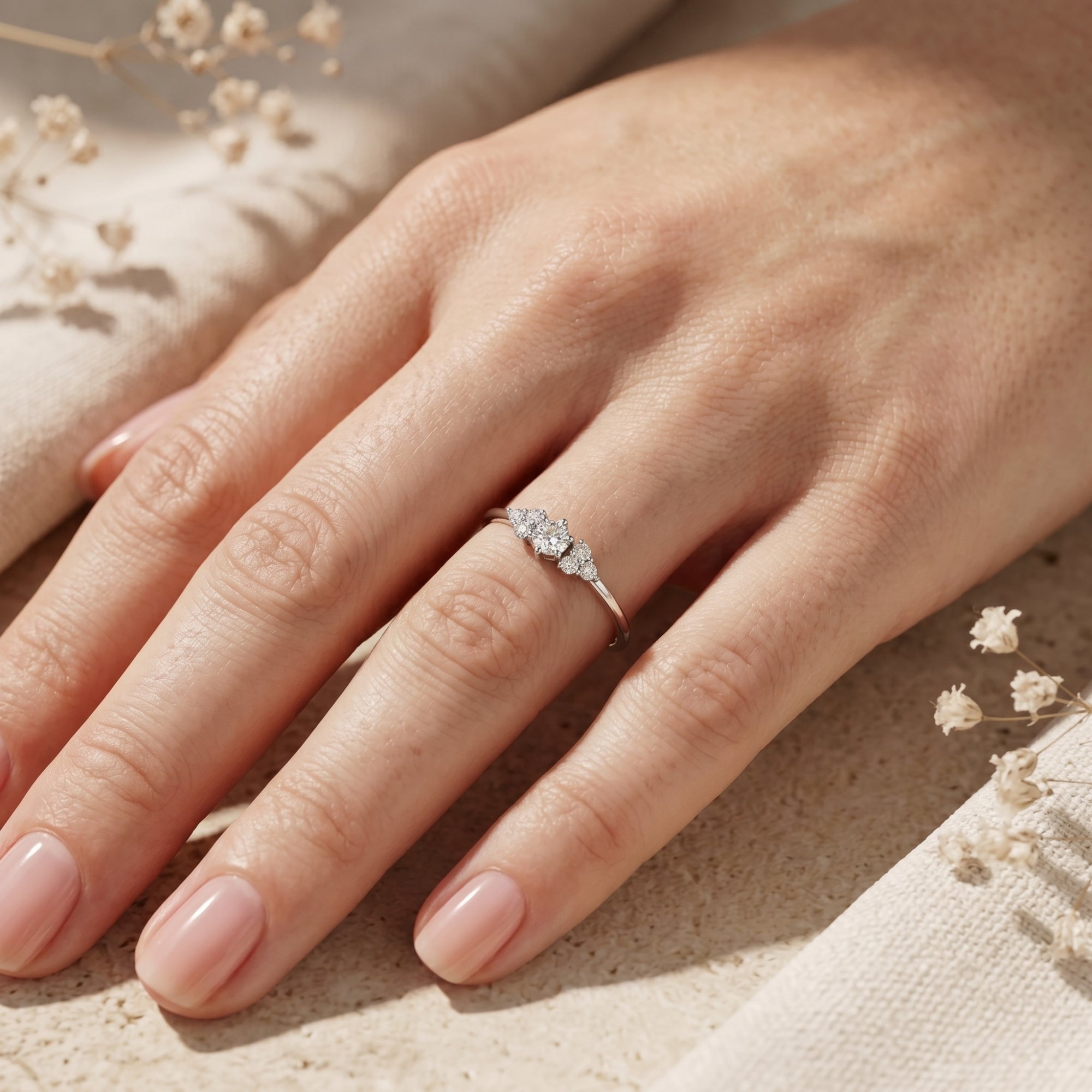 Silver Aurestria moissanite ring worn on a hand to show the scale of the 1CT round center stone and cluster design.