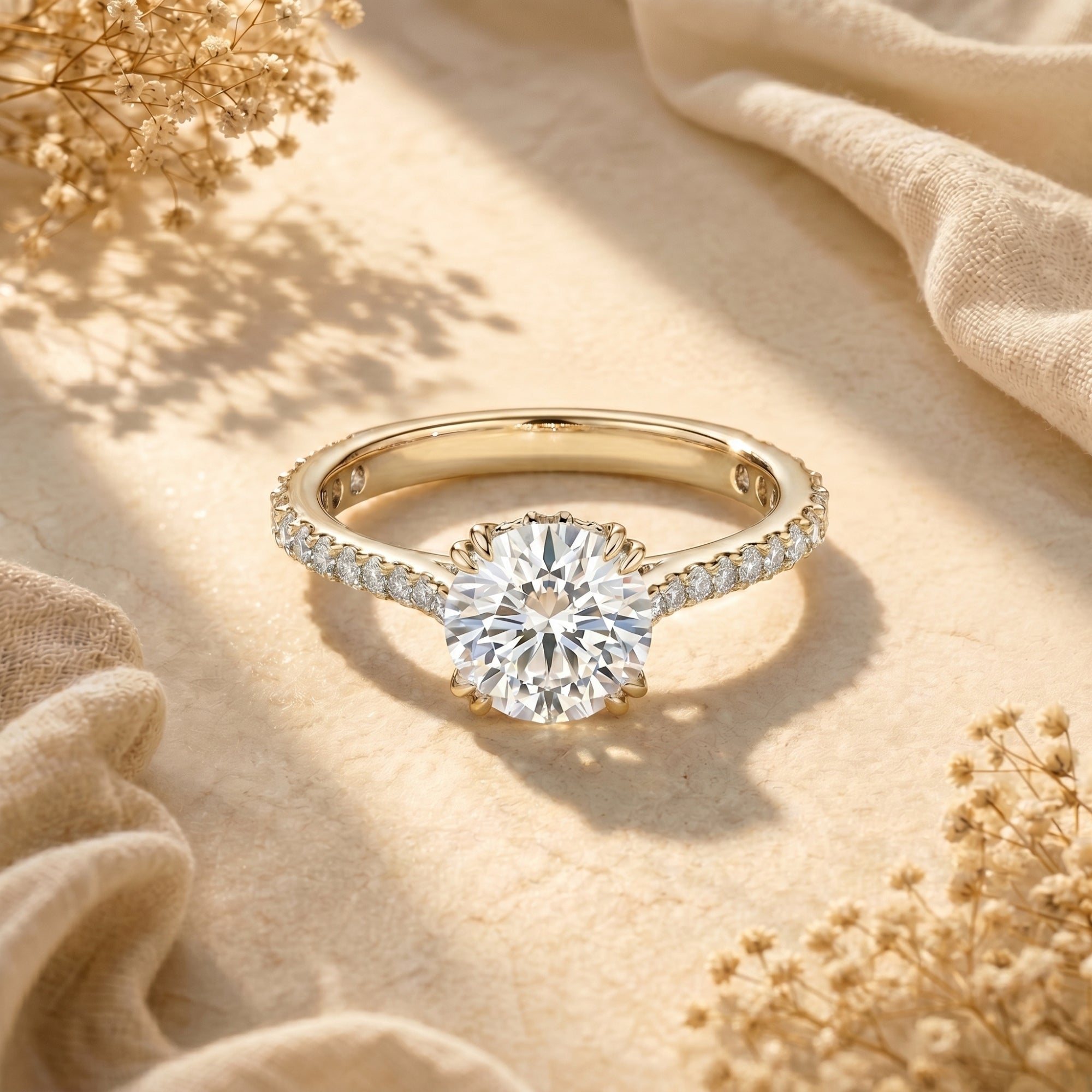 Yellow gold round moissanite promise ring with a sparkling pavé band in a lifestyle setting.