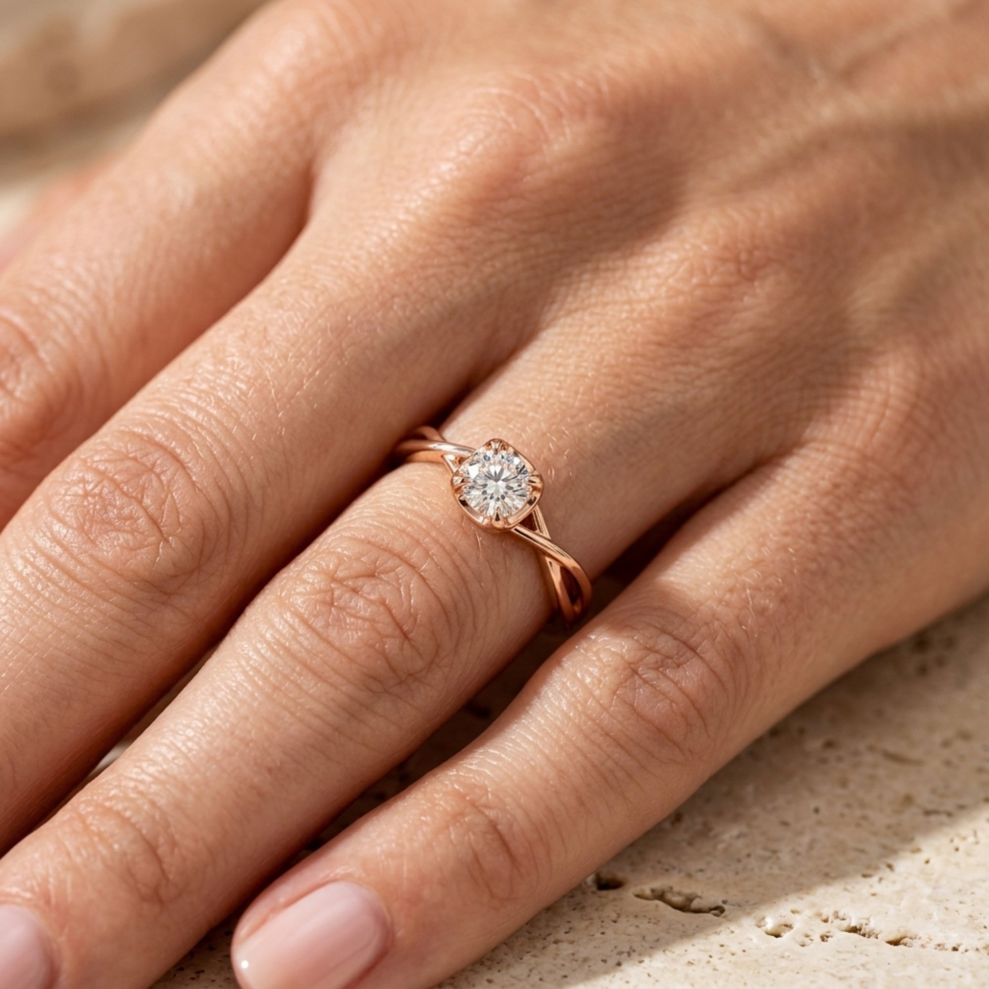 Round cut moissanite promise ring in rose gold worn on a hand, showing the twisted band design.
