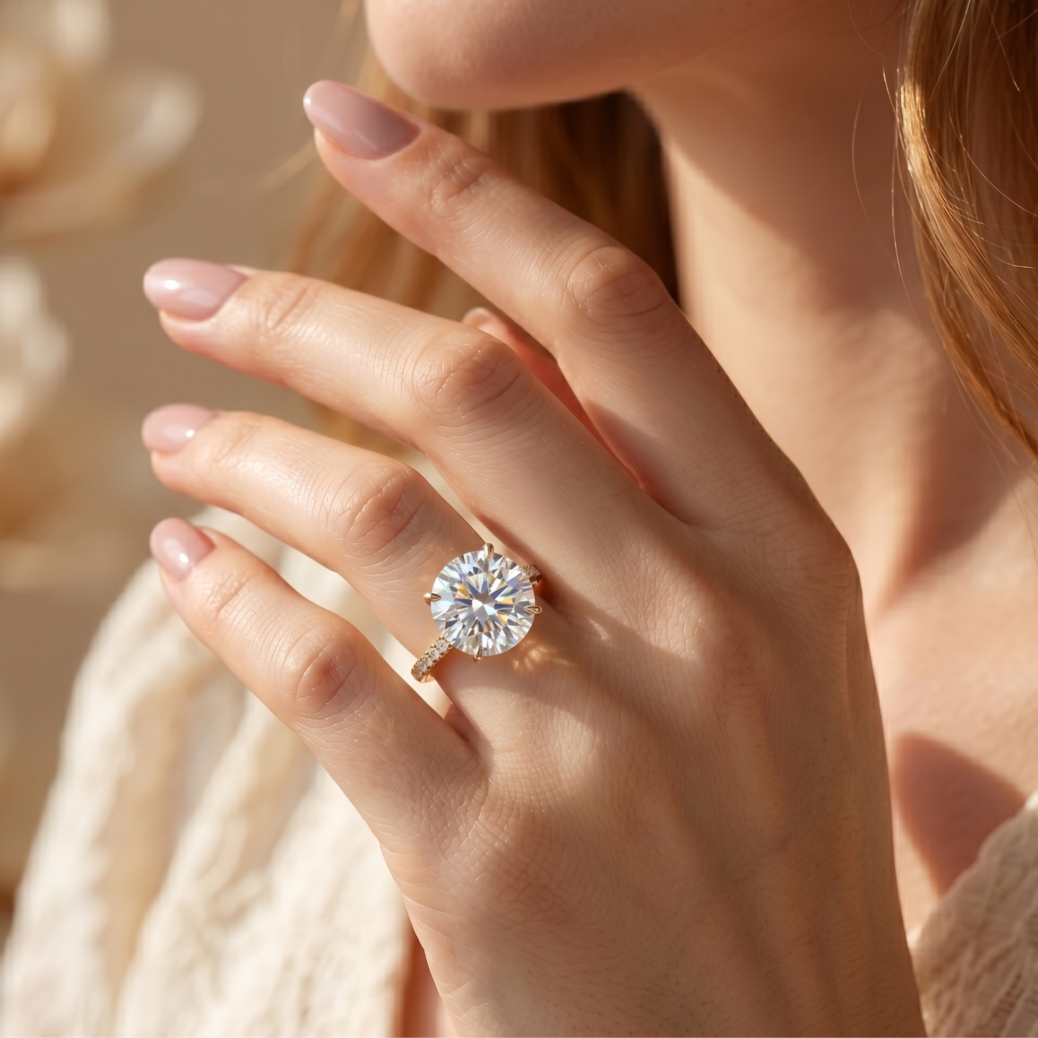 Close-up of a yellow gold round-cut moissanite engagement ring worn on a model's hand.
