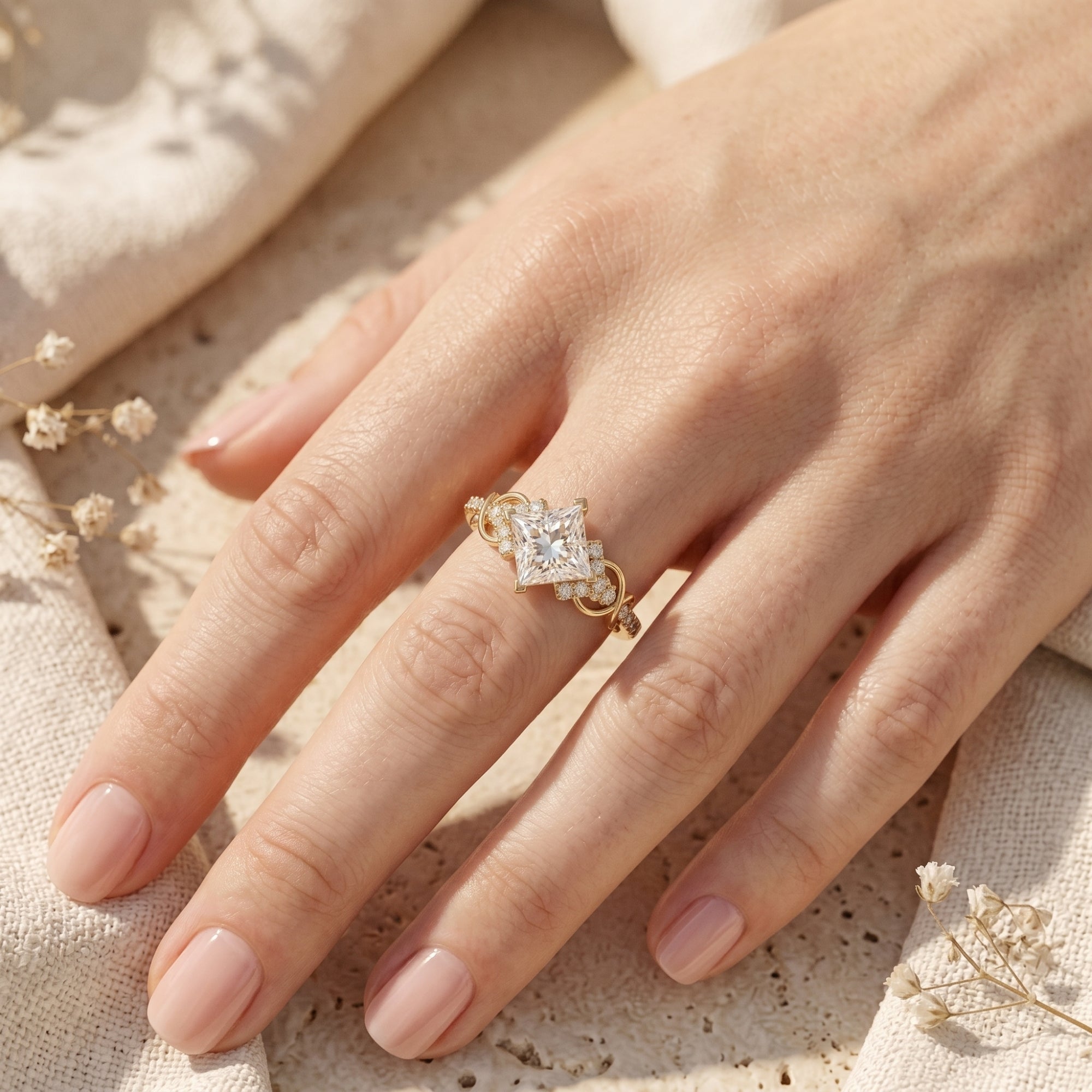 Gold princess-cut moissanite ring on a woman's hand, showing the scale of the 2-carat center stone.