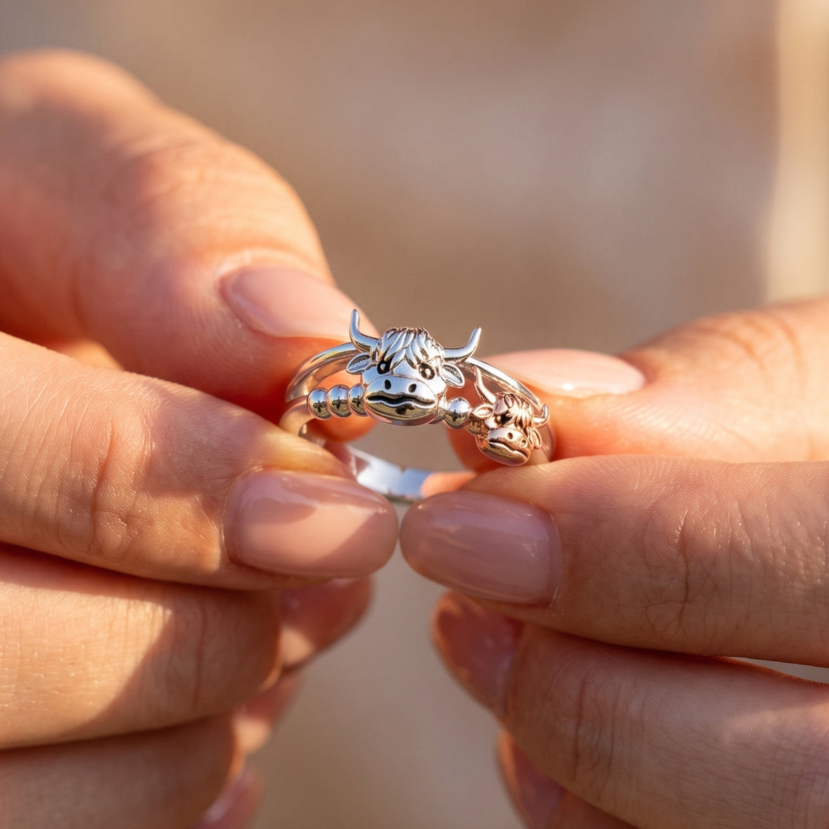 Hands holding a silver ring with a textured Highland cow head beside a smaller rose-gold-toned calf face.