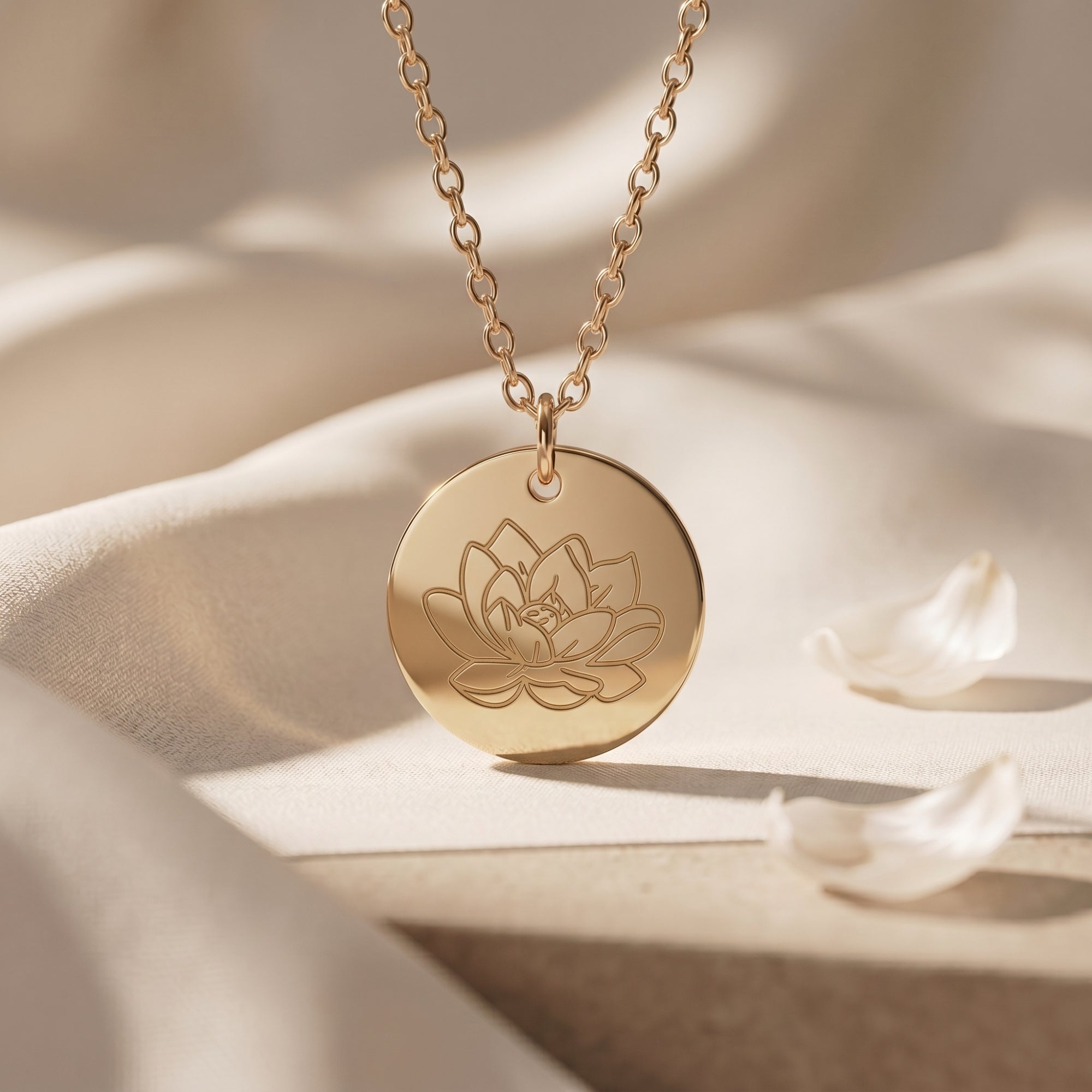 18K gold finish July birth flower necklace featuring an engraved water lily on a circular pendant.