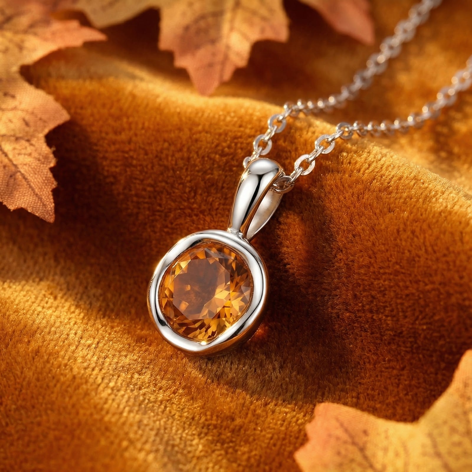 Round-cut simulated topaz solitaire necklace in sterling silver on orange velvet with autumn leaves.