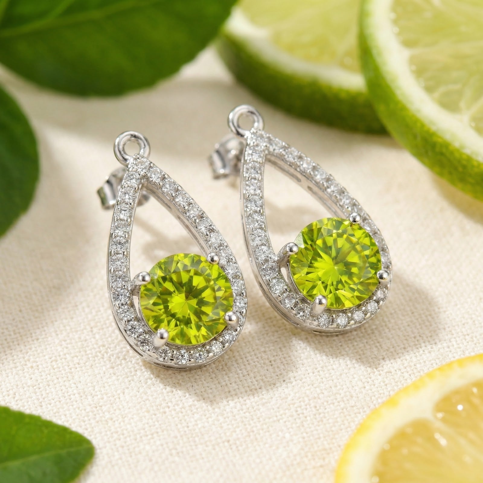 Macro view of precision-cut round simulated peridot stones in sterling silver teardrop halo settings.