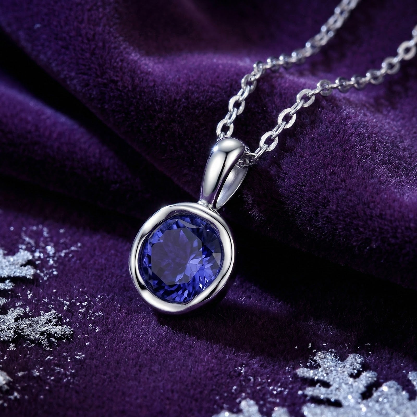 Angled view of the round cut simulated tanzanite S925 sterling silver necklace on purple velvet with snowflakes.