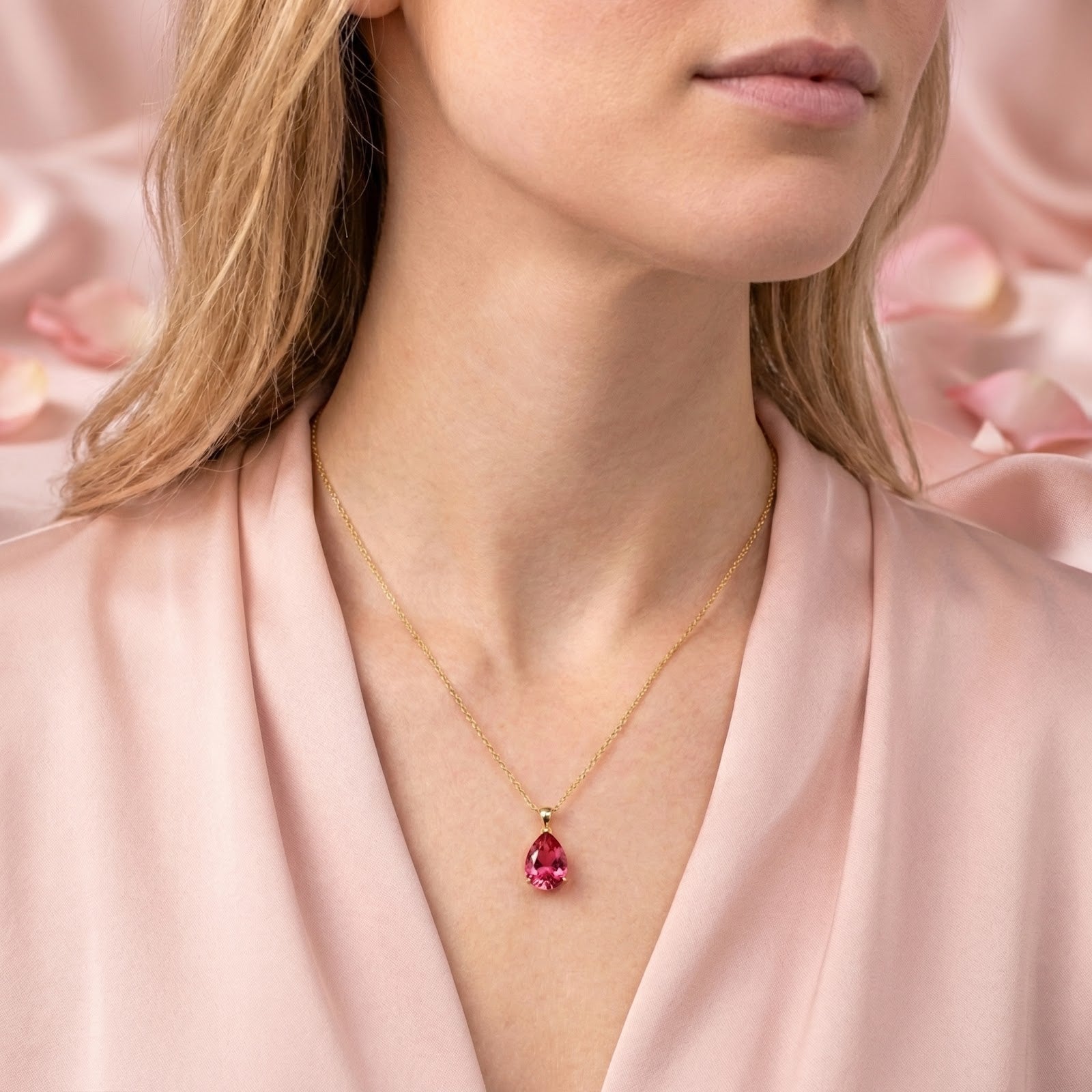 Model wearing the Valara Pear necklace with a vivid raspberry simulated pink tourmaline in 18K gold vermeil.