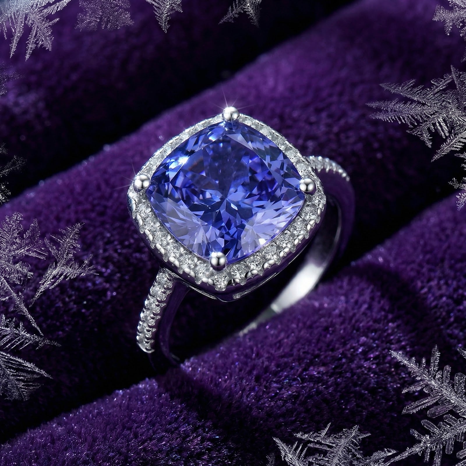 Macro detail of the cushion cut simulated tanzanite and halo setting on a sterling silver ring.