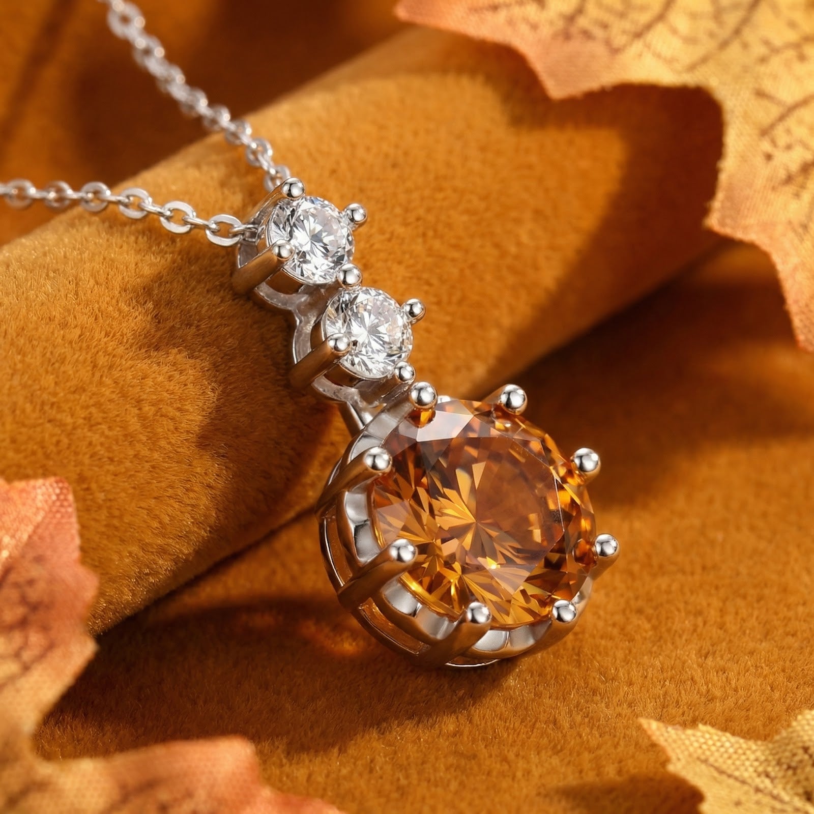 Round-cut honey topaz pendant in sterling silver on a warm velvet background with autumn leaves.