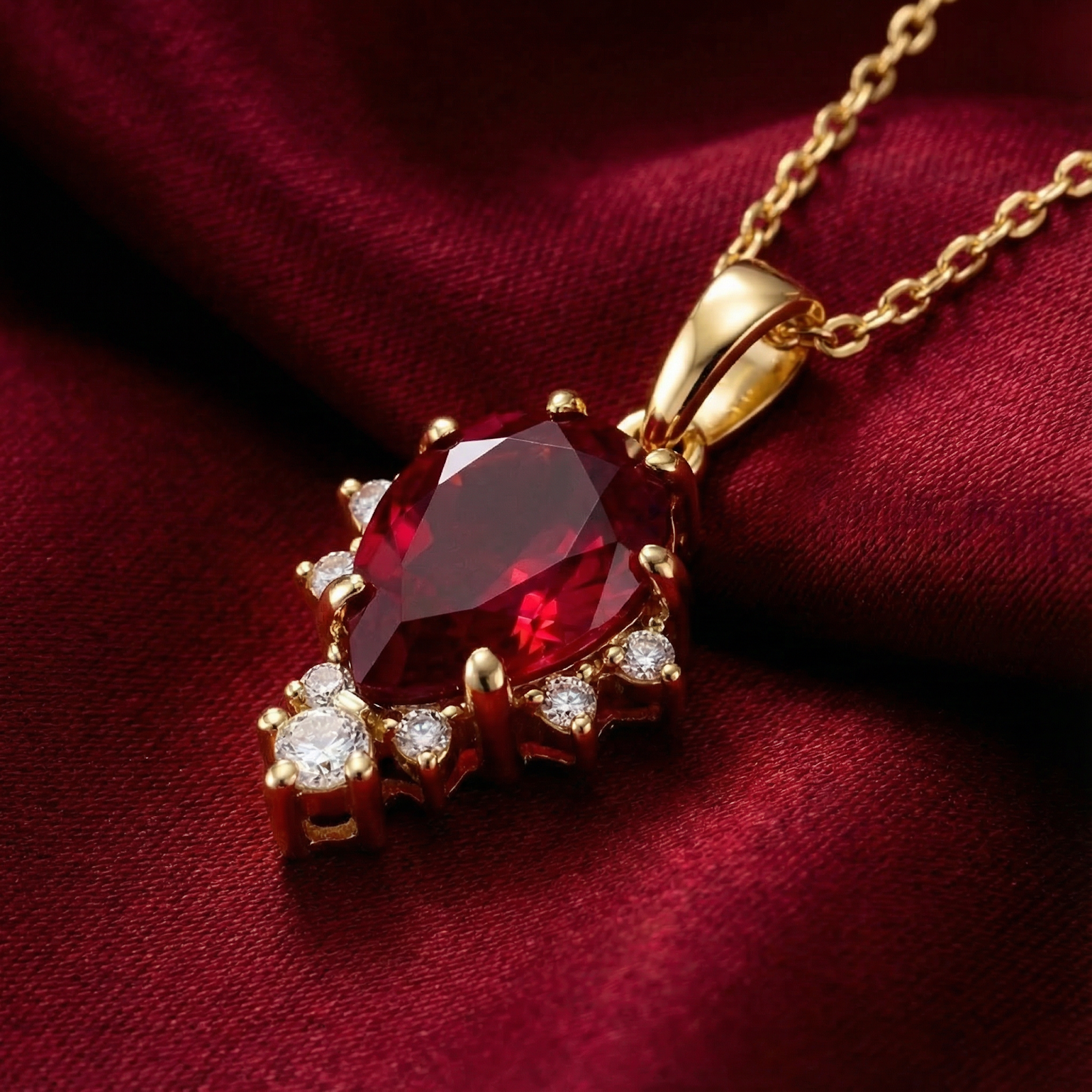 Pear cut simulated ruby pendant in 18K gold vermeil with accent stones on a red silk background.