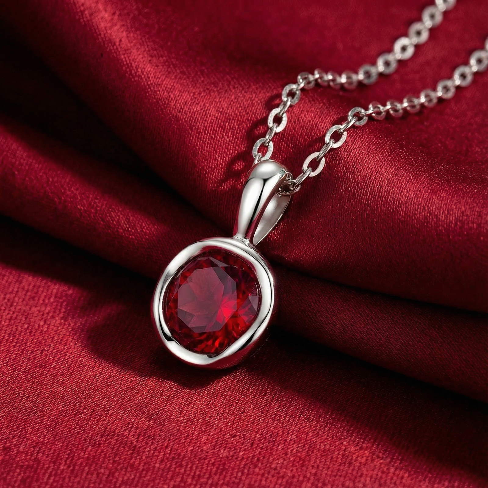 Round precision-cut simulated ruby pendant in S925 sterling silver on a red satin background.