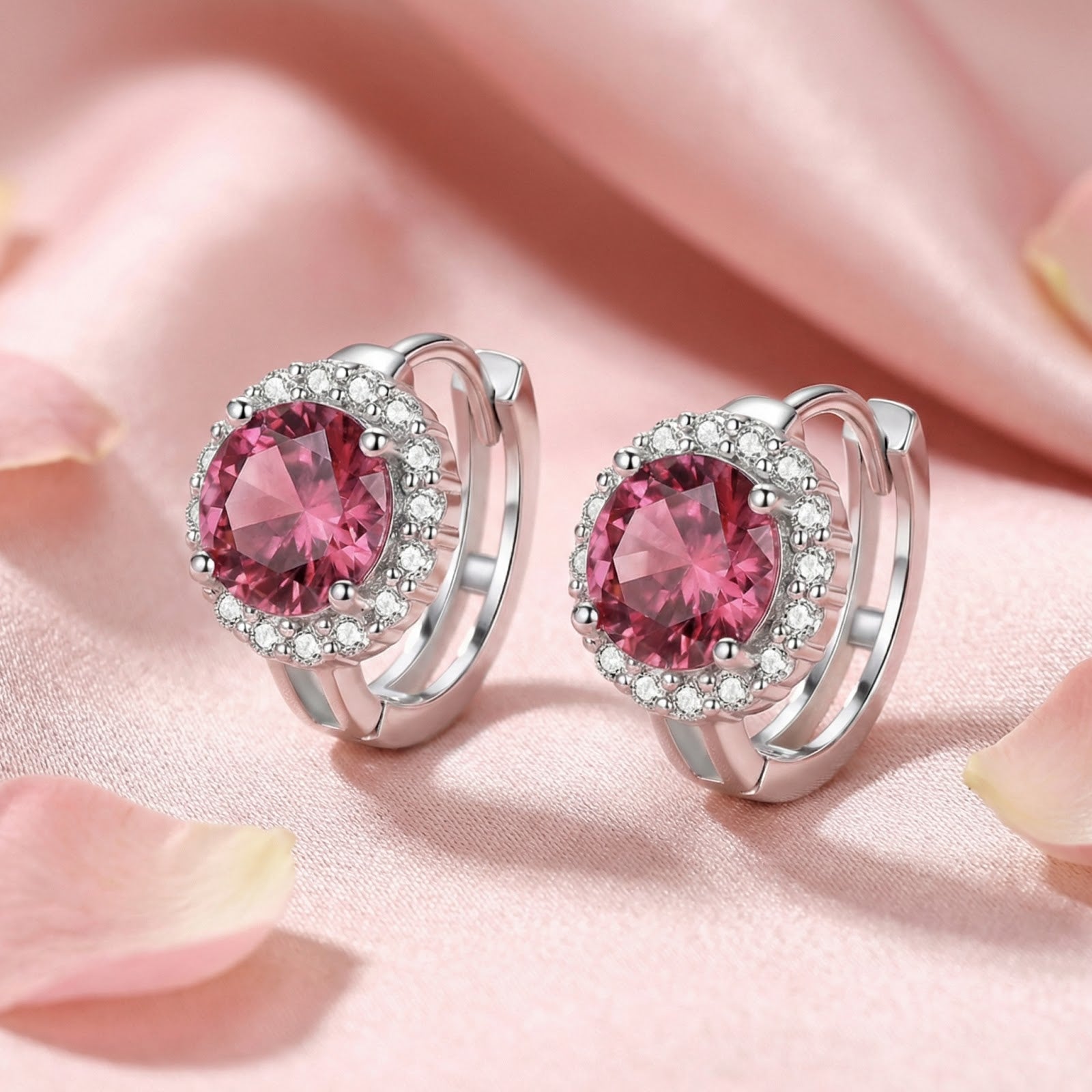 Macro shot of round cut pink moissanite halo earrings in sterling silver showing the brilliant facets.