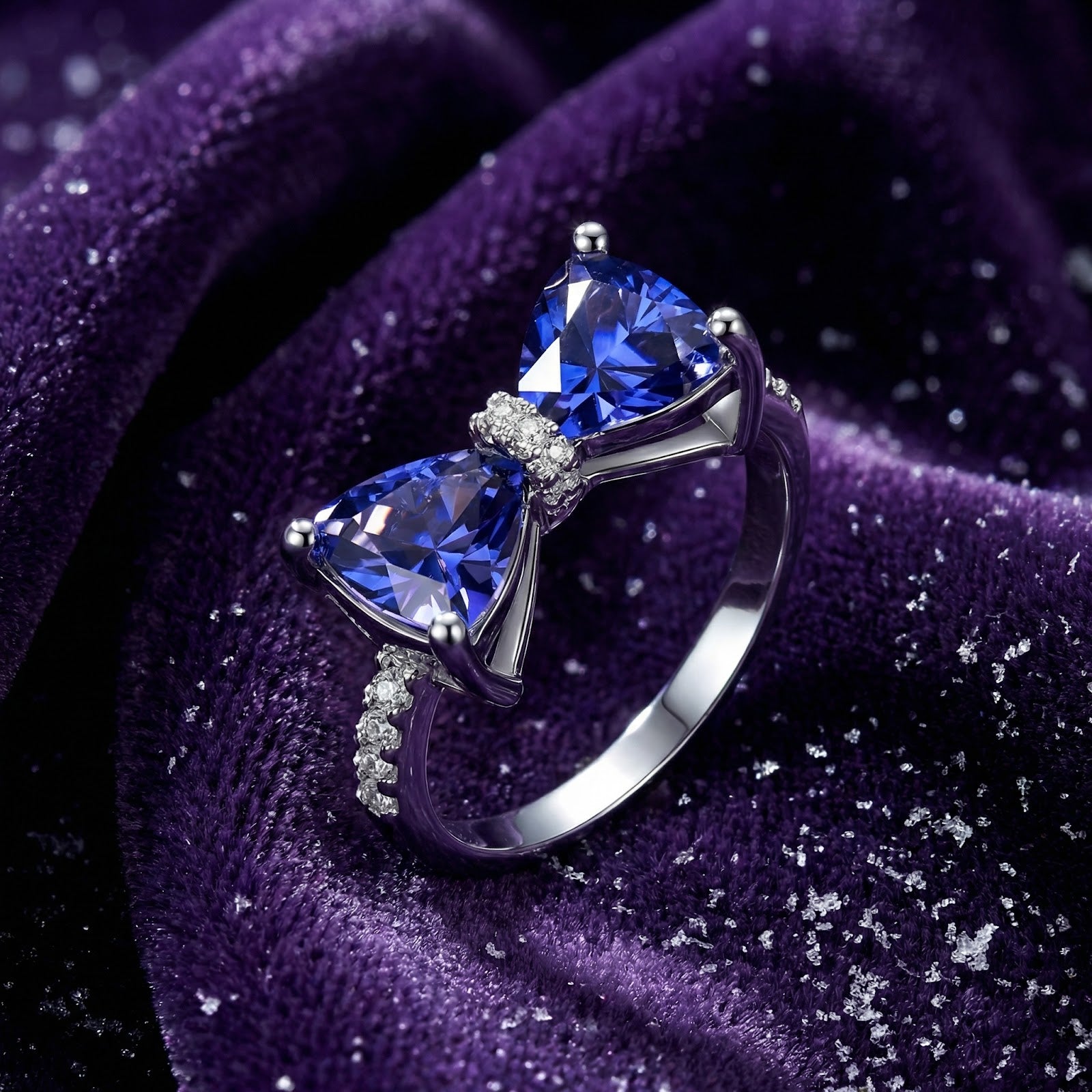 Evelia bow ring in S925 sterling silver with trillion-cut simulated tanzanite on purple velvet.