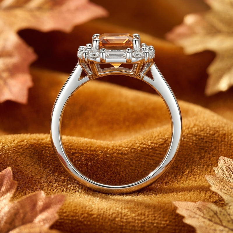 Side profile of the Lysandra octagon sterling silver ring showing the elevated setting and emerald-cut simulated topaz.