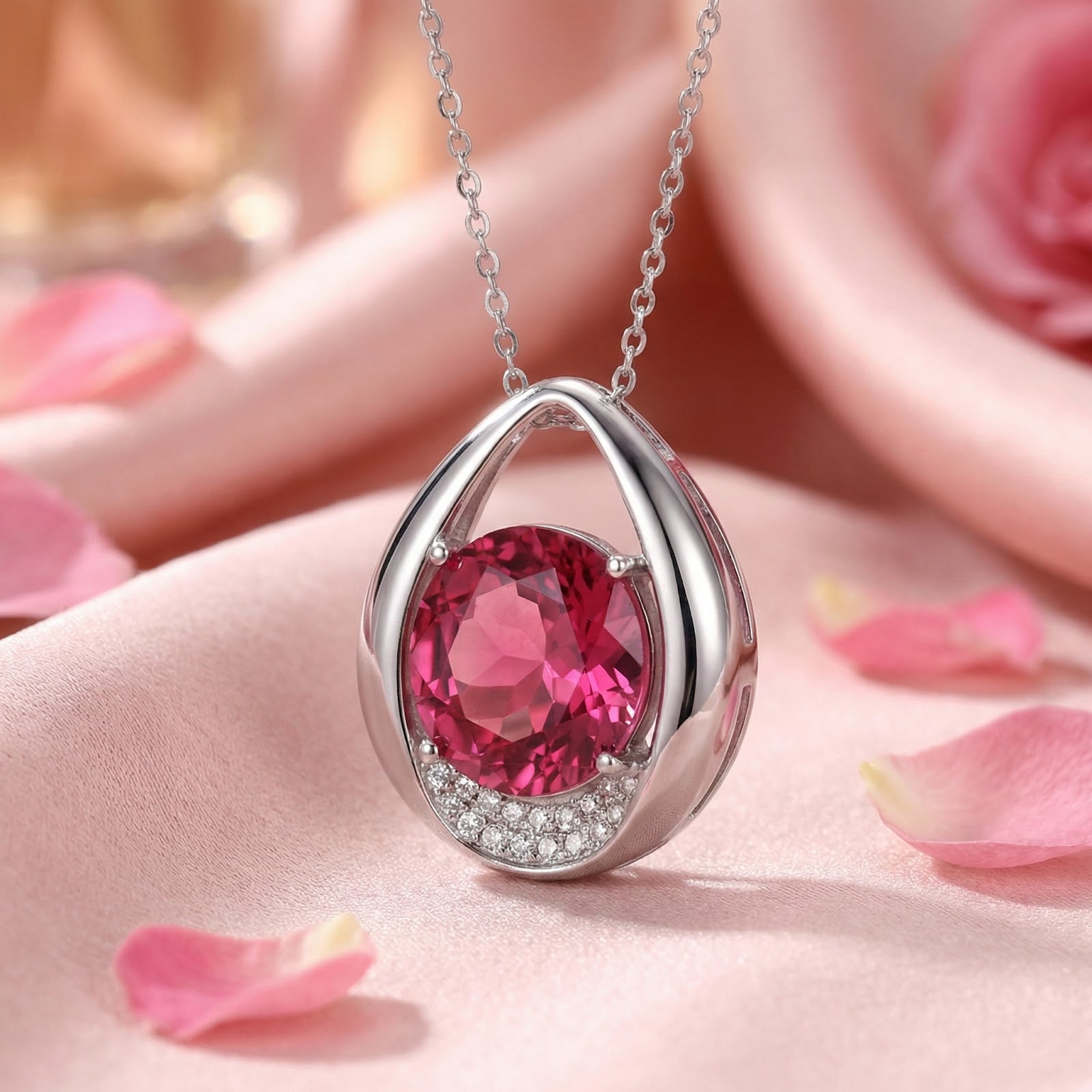 Valisara teardrop necklace in S925 sterling silver with a round simulated pink tourmaline on pink silk with petals.