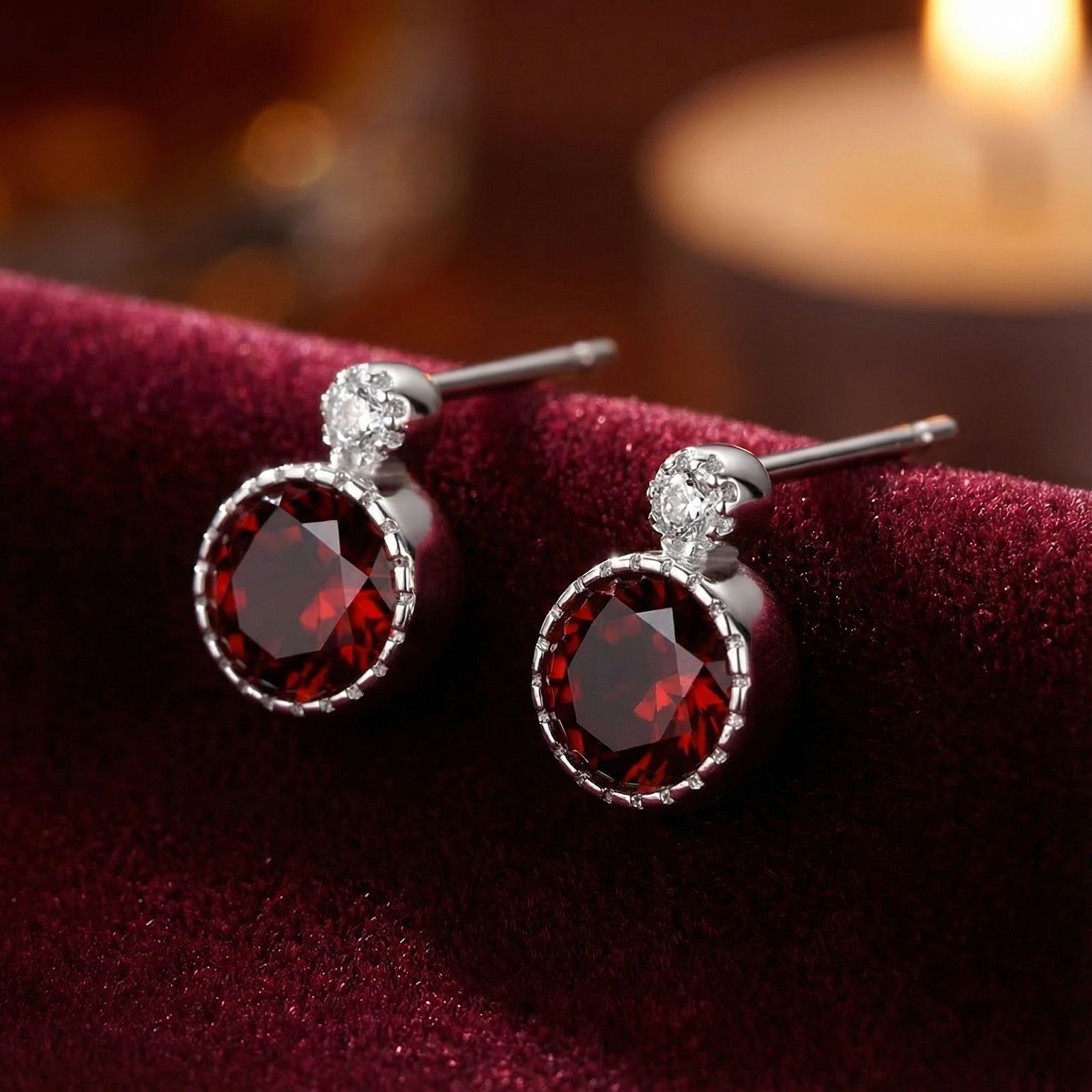 Round cut red garnet halo stud earrings in sterling silver shown from a side angle on red velvet.