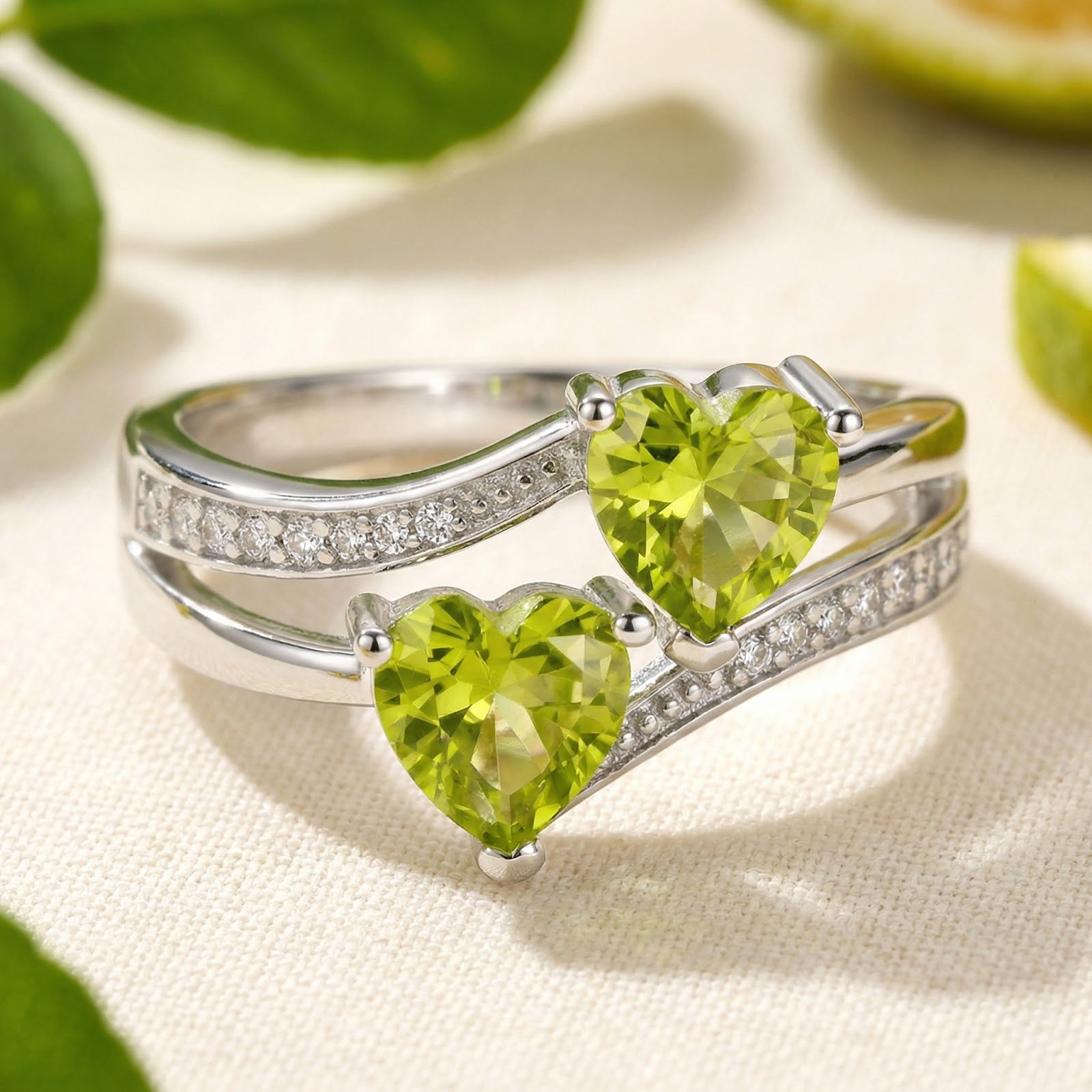 Valisara S925 sterling silver bypass ring with two heart-cut simulated peridot stones on a styled background.