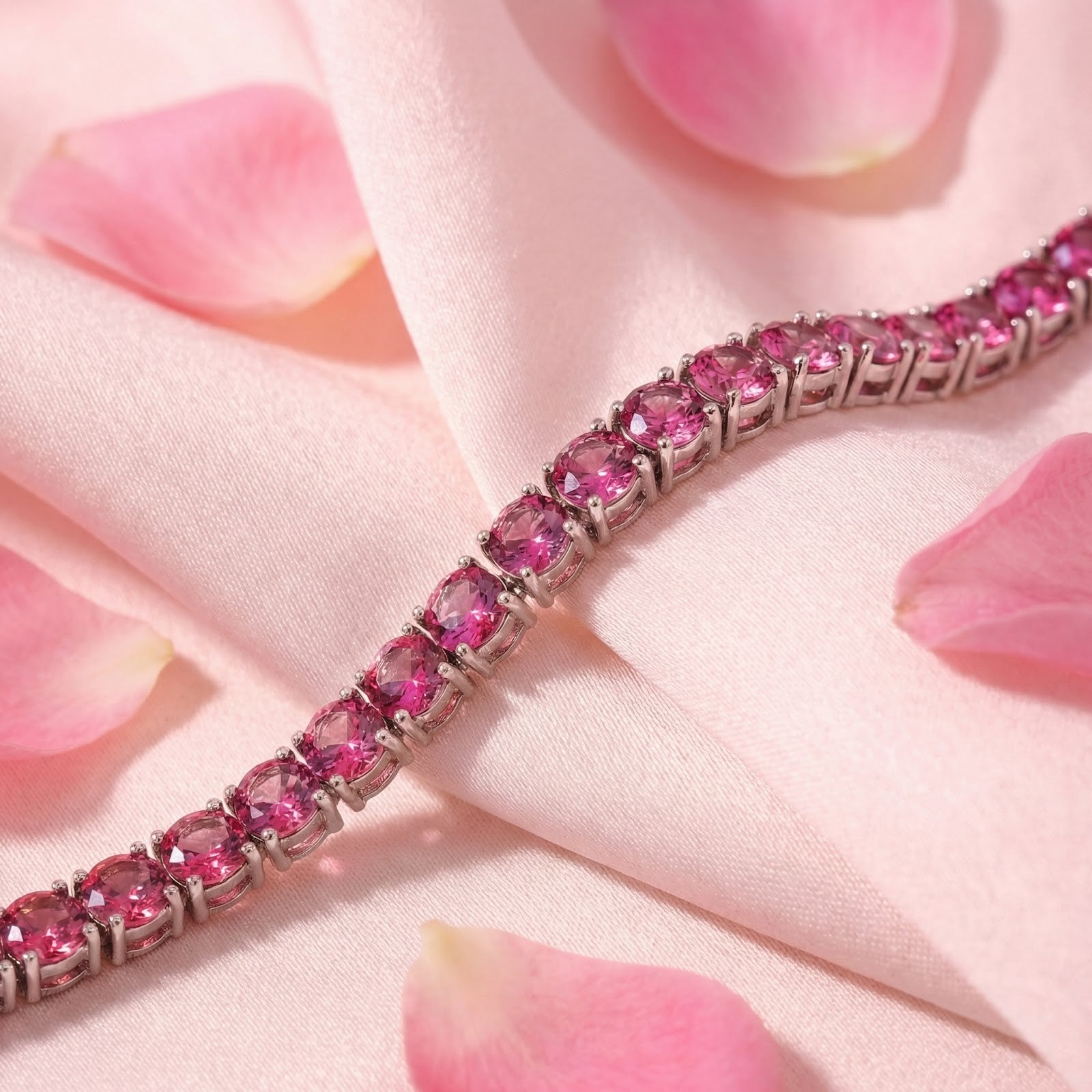Close-up of precision-cut round simulated pink tourmaline stones in a stainless steel tennis bracelet setting.