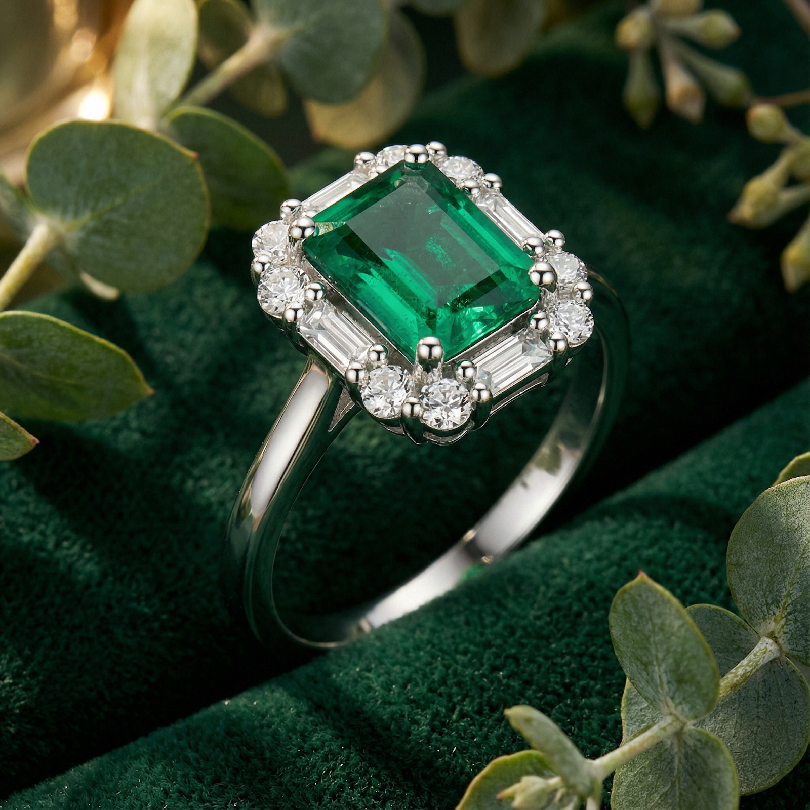 Octagon cut simulated emerald ring in sterling silver with a halo setting on green velvet with eucalyptus leaves.