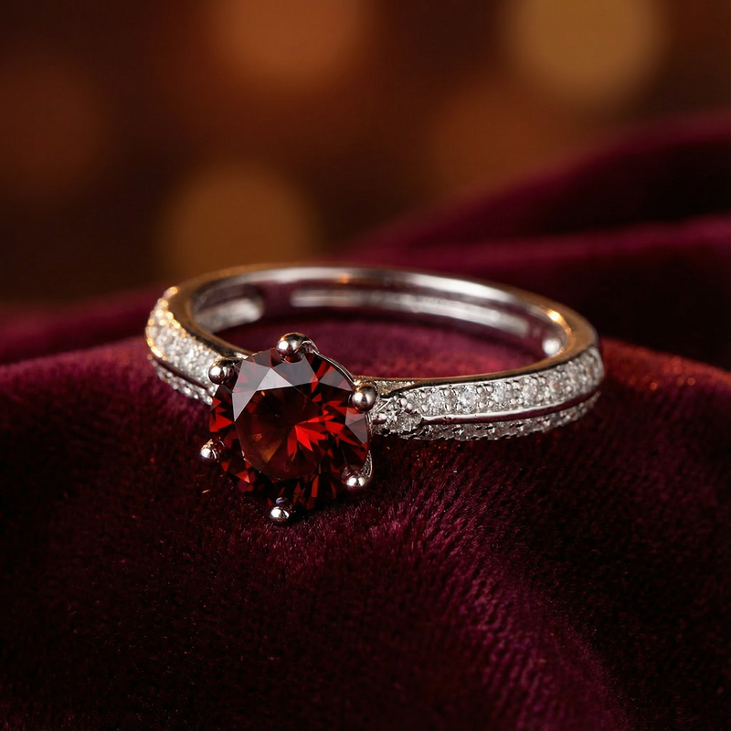 Angled macro view of a round cut simulated garnet and pavé side stones on a sterling silver ring setting.