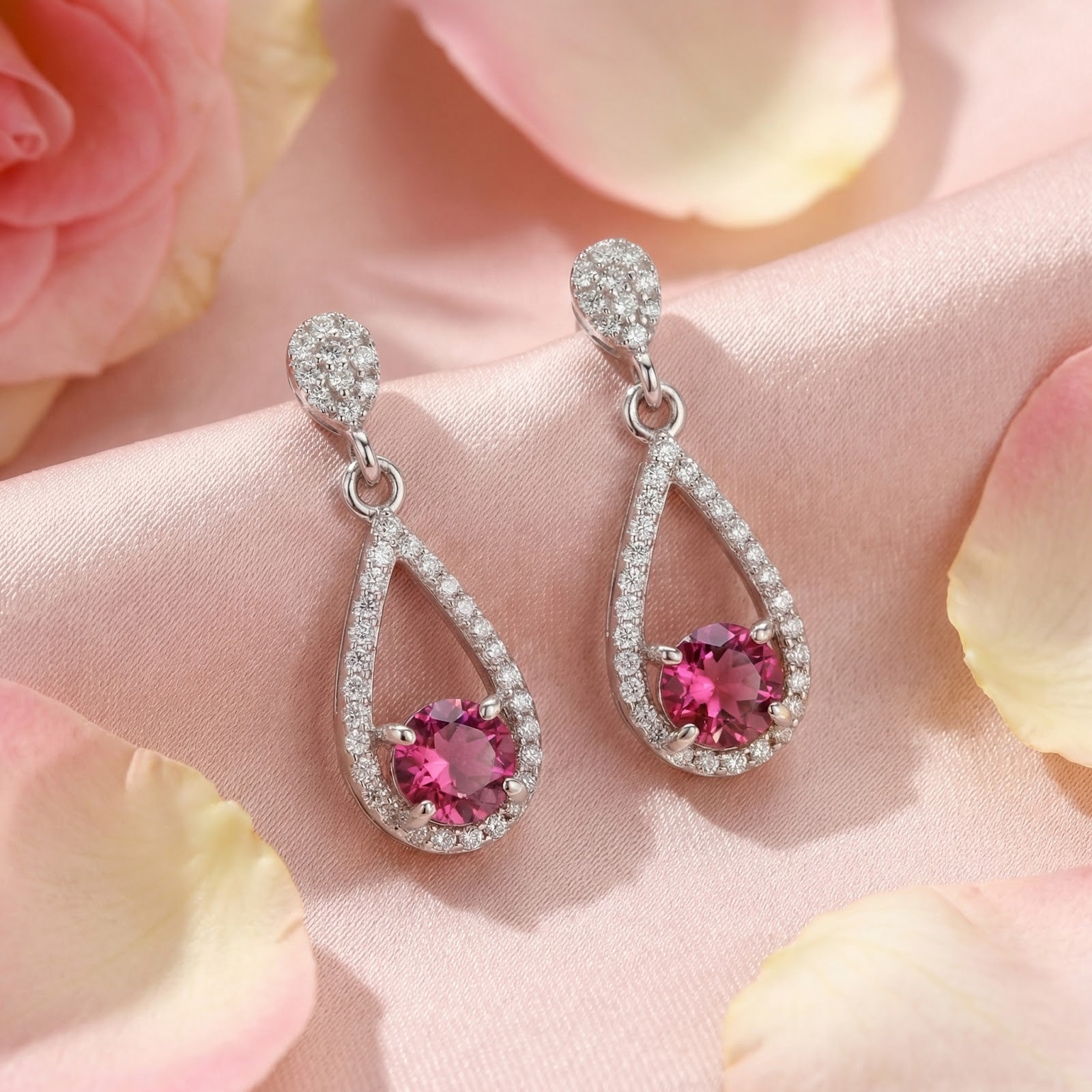 Teardrop silver drop earrings with round pink tourmaline stones on pink satin fabric with rose petals.