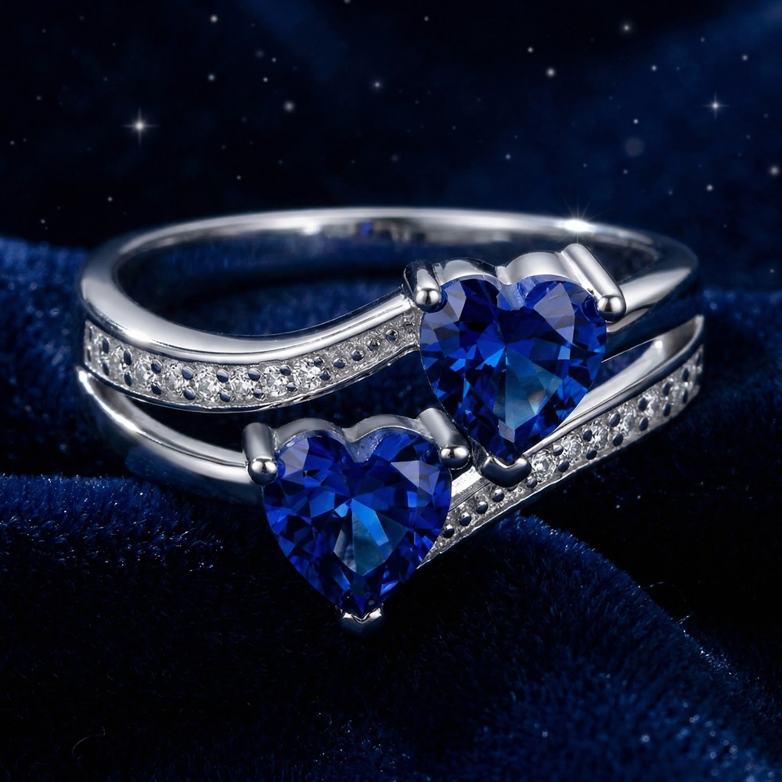 Two heart-cut simulated sapphires on a sterling silver bypass ring with pavé accents on a blue velvet background.