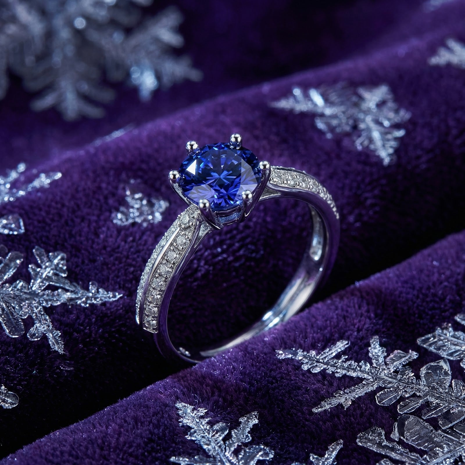 Round cut simulated tanzanite solitaire ring in sterling silver on purple velvet with snowflakes.