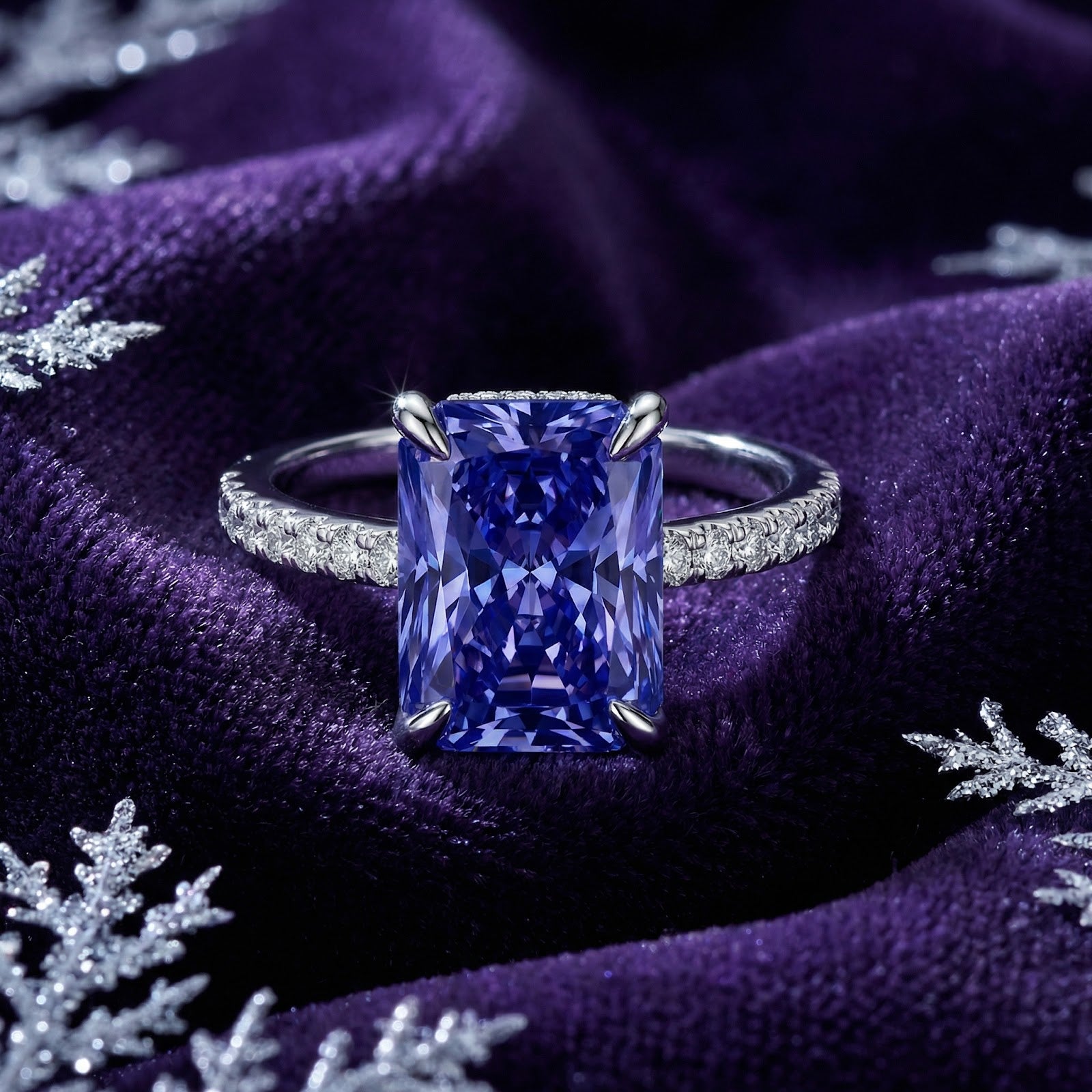 Radiant cut simulated tanzanite ring in S925 sterling silver with pave band on purple velvet with snowflakes.