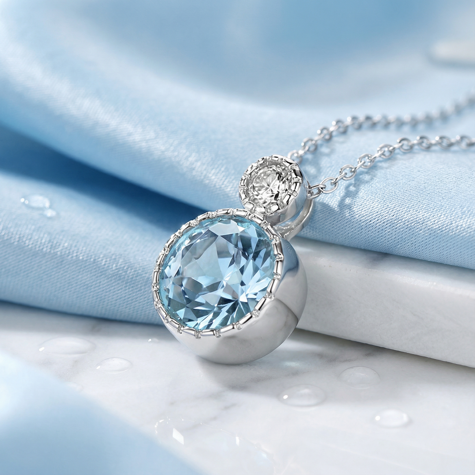 Macro detail of the precision-cut round simulated aquamarine stone and S925 sterling silver setting.