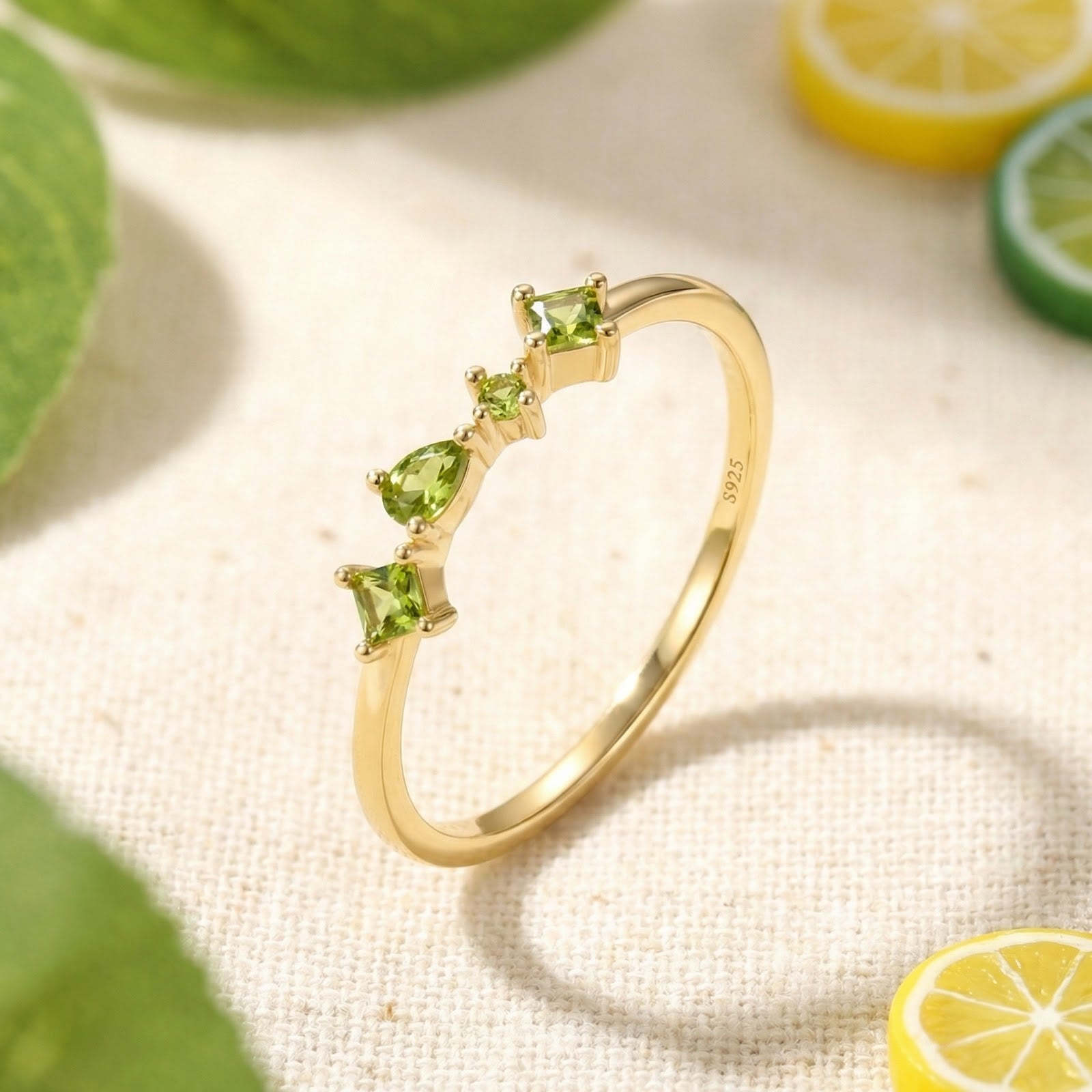 18K gold vermeil ring with alternating square and pear-cut simulated peridots on a styled citrus background.