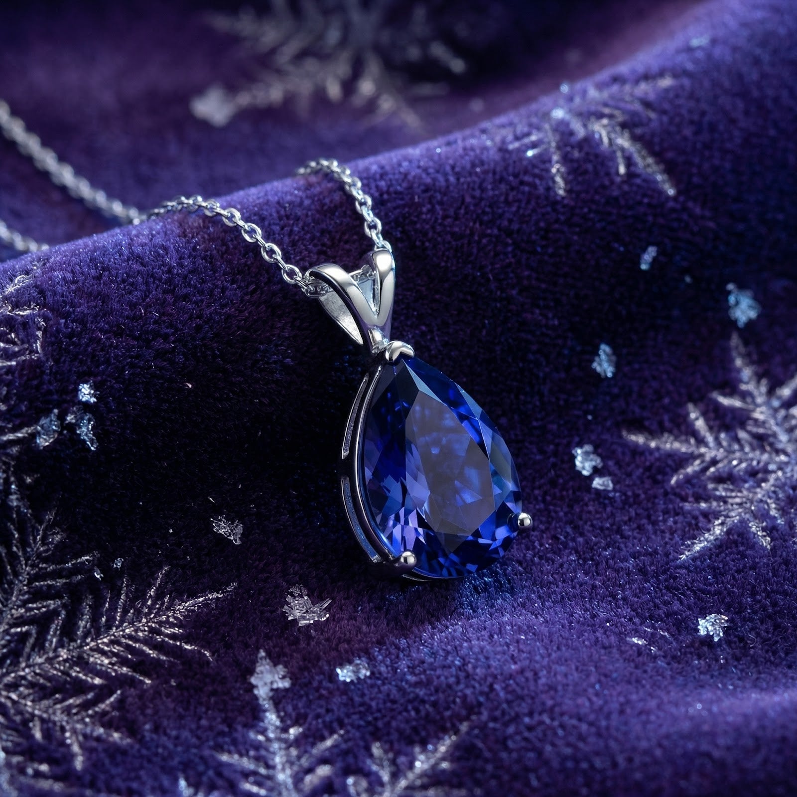 Pear-cut blue moissanite necklace in S925 sterling silver resting on purple velvet with snowflake patterns.