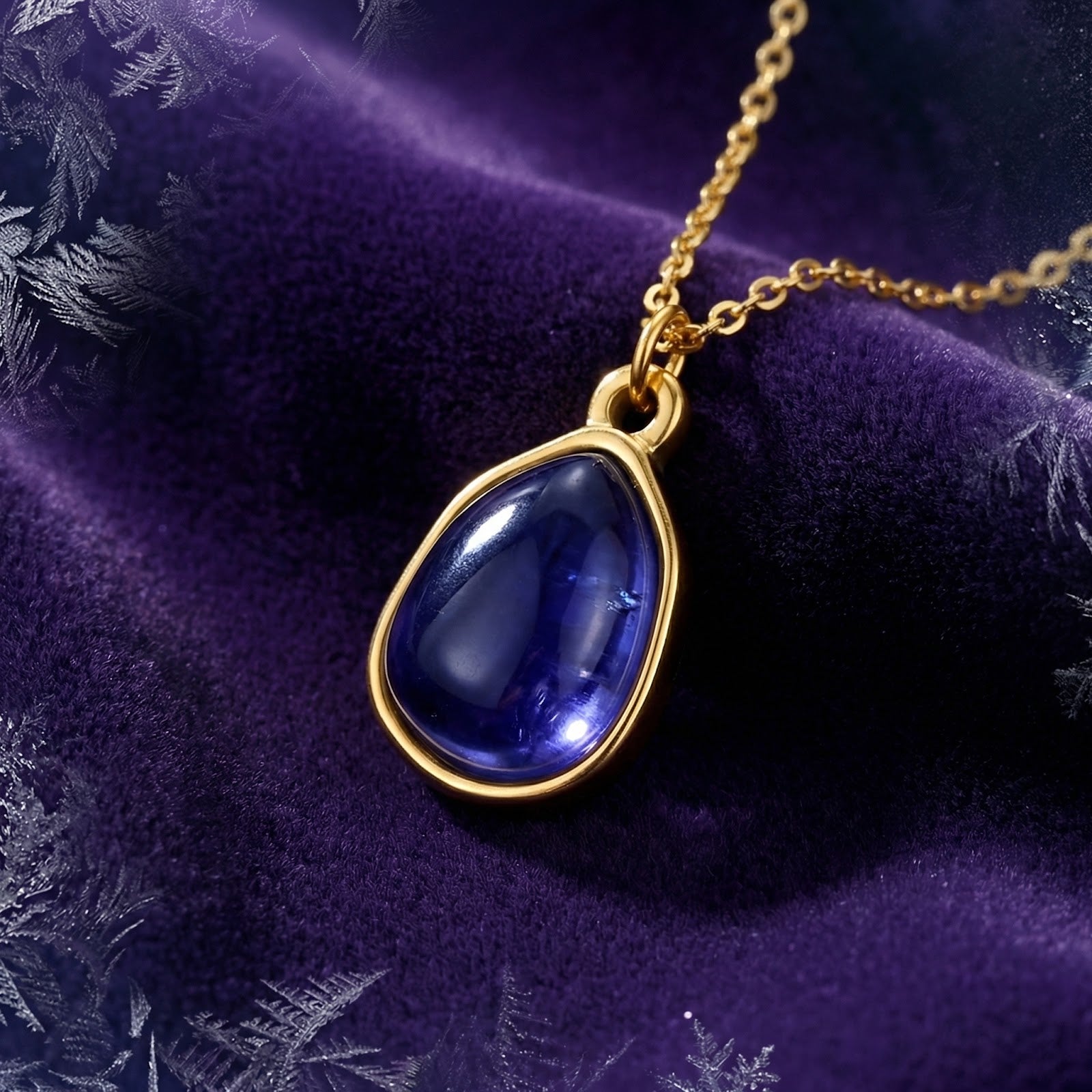 Gold stainless steel teardrop necklace with a blue simulated tanzanite on purple velvet with frost patterns.