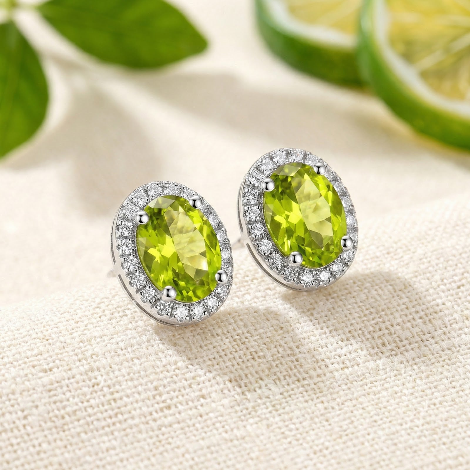 Oval cut peridot halo stud earrings in S925 sterling silver on a lifestyle background with lime slices.