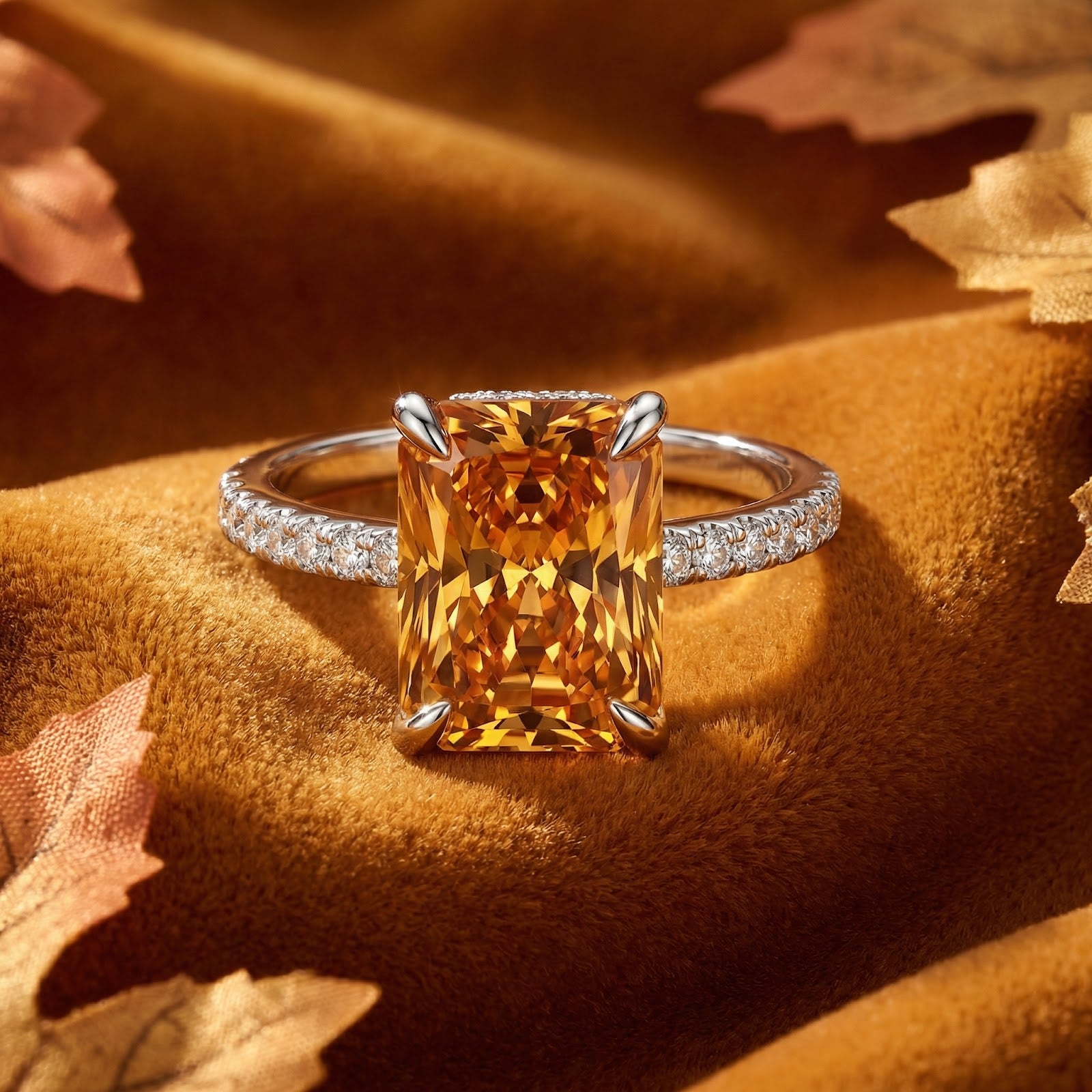 Radiant cut simulated topaz ring in S925 sterling silver with pavé band on velvet with autumn leaves.